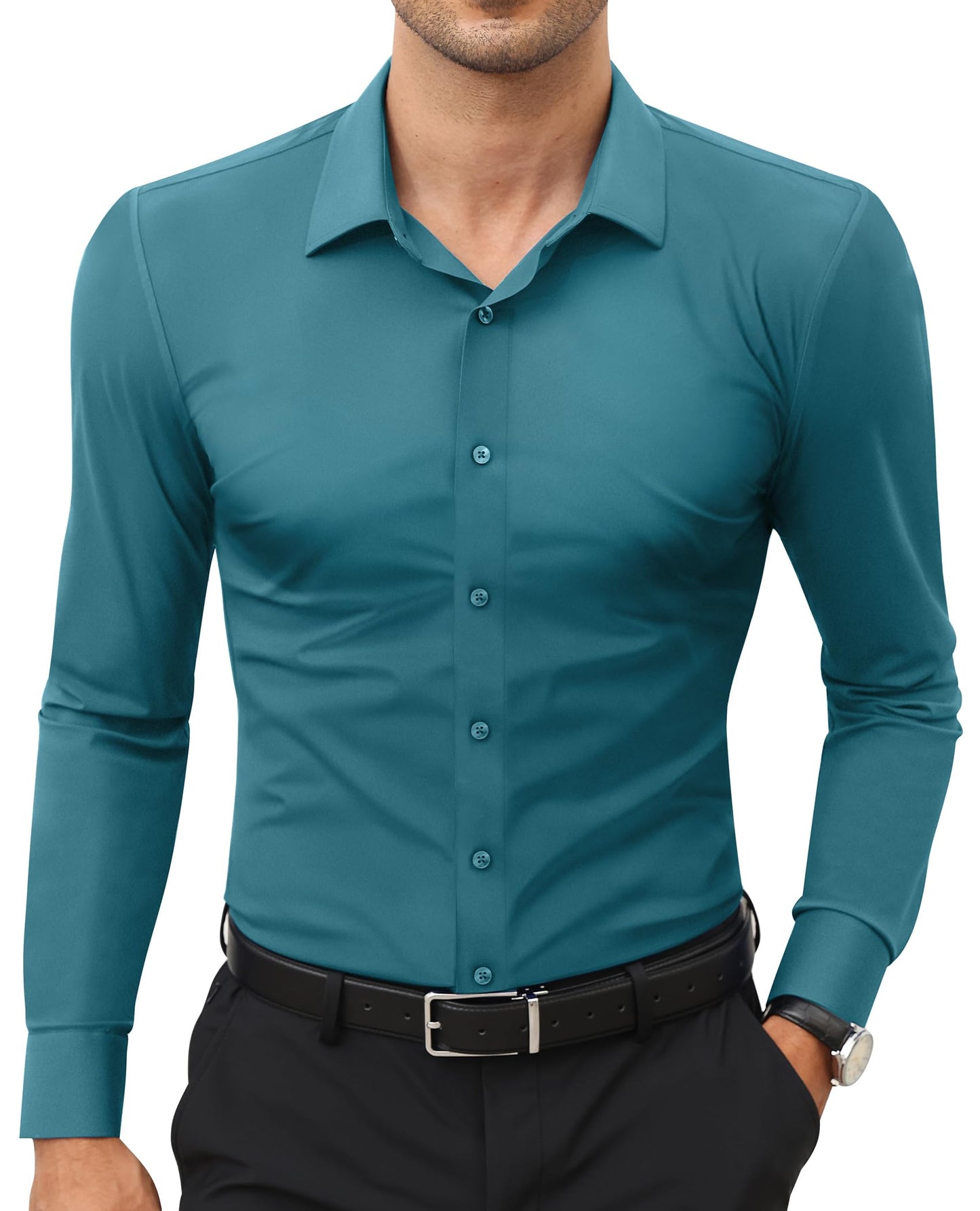 Stretch Mens Dress Shirts Long Sleeve Slim Fit Dress Shirts for Men Muscle Fit Wrinkle Free Button Down Shirt