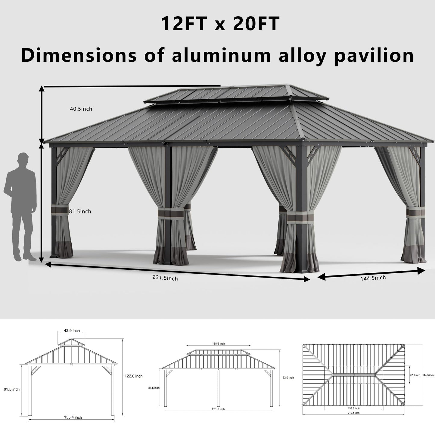 Pavillon à toit rigide de 12 x 20 pieds à double toit, pavillon extérieur avec toit rigide à 2 couches, tente de jardin à cadre en fer galvanisé, convient aux cours, aux arrière-cours, aux terrasses et à l'herbe 