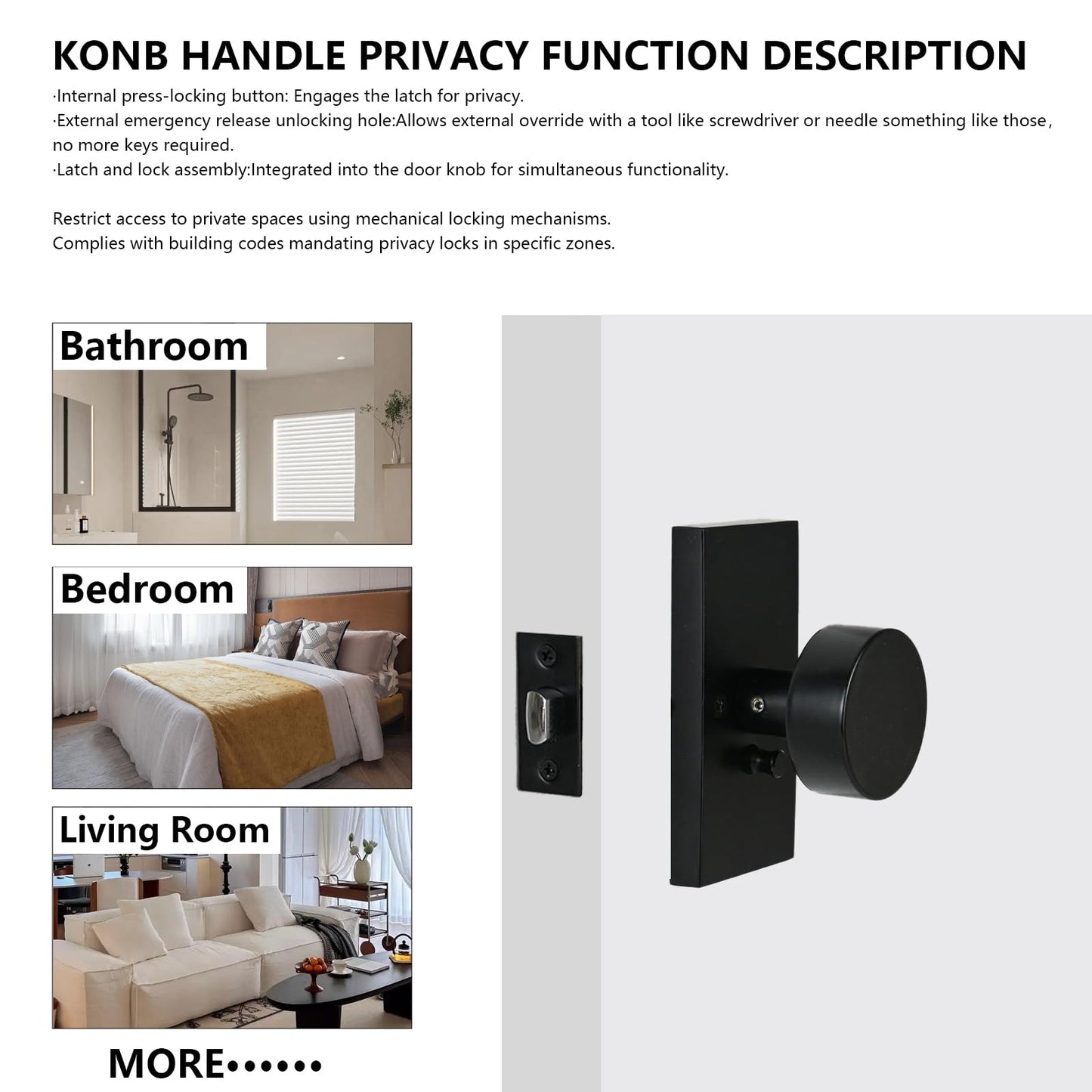 Privacy Door Knob with Reversible Keyless Push Lock, Modern Rectangular Long Plate Interior Door Lock