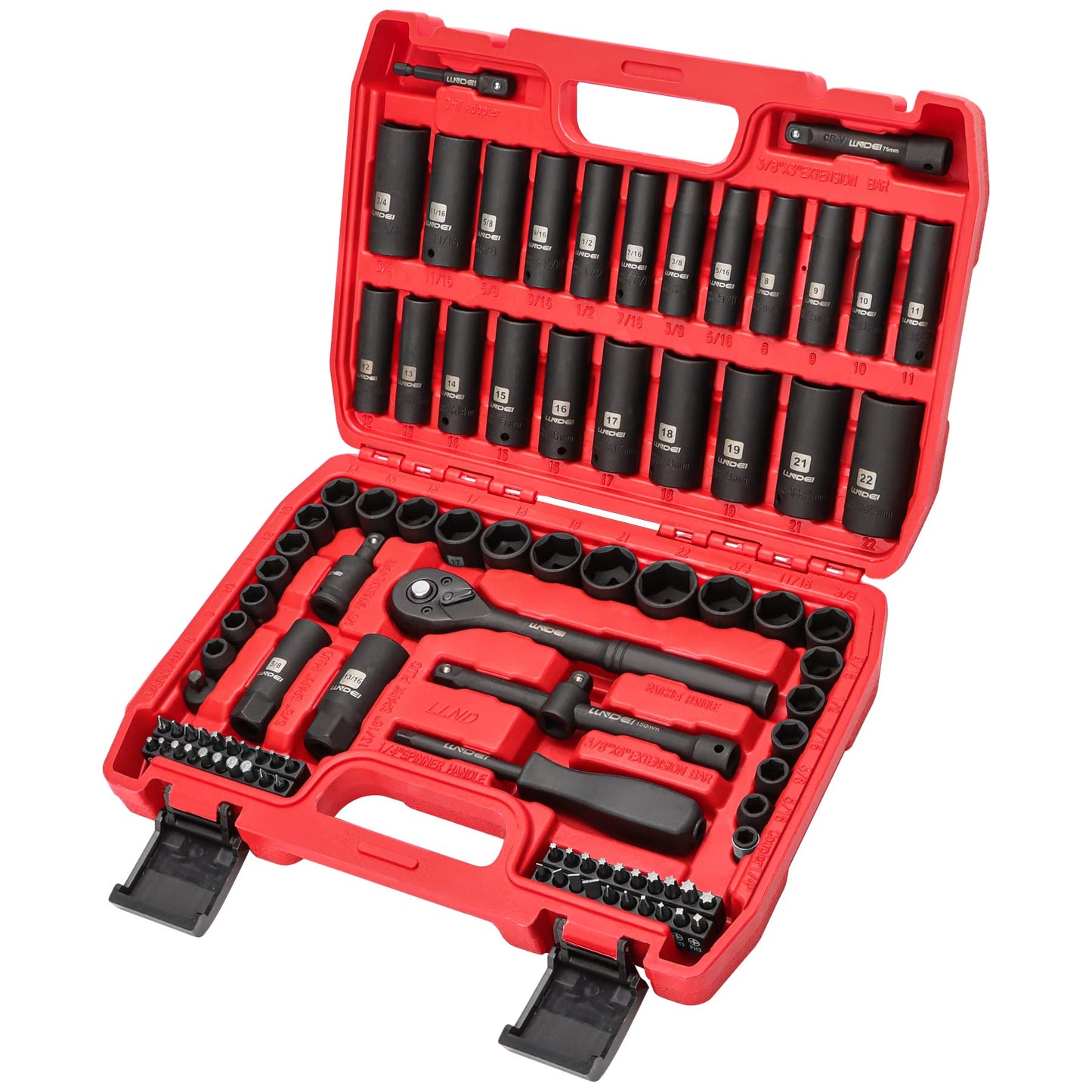 LLNDEI 1/4 & 3/8 Inch Drive Impact Socket Set, 186 Pieces Metric and Standard Full Sockets, CR-V Deep & Shallow Sockets Tool Set with Ratchet Wrench Handle, Spark Plug Socket, Bit Set for Mechanic