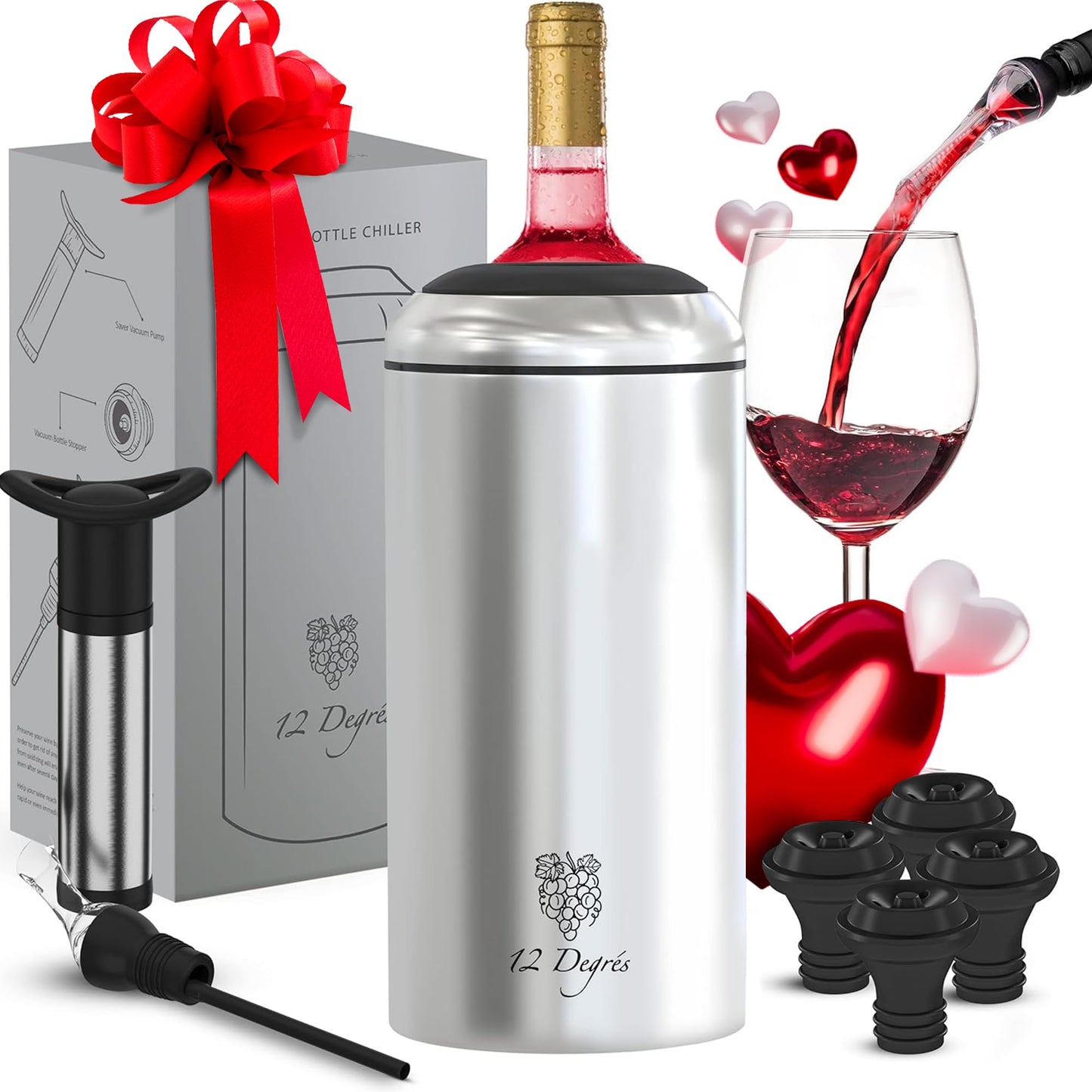 Wine Chiller Set - Perfect Wine Gifts for Women & Men - Stainless Steel Insulated Wine Cooler with Wine Pump, Aerator & 4 Stoppers (Black)