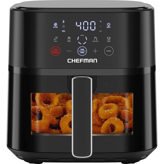 Chefman 6-Quart Air Fryer | Hi-Fry Extra Crisp, Easy-View Window, Touch Controls, 4 Presets, Nonstick Dishwasher-Safe Basket – Black