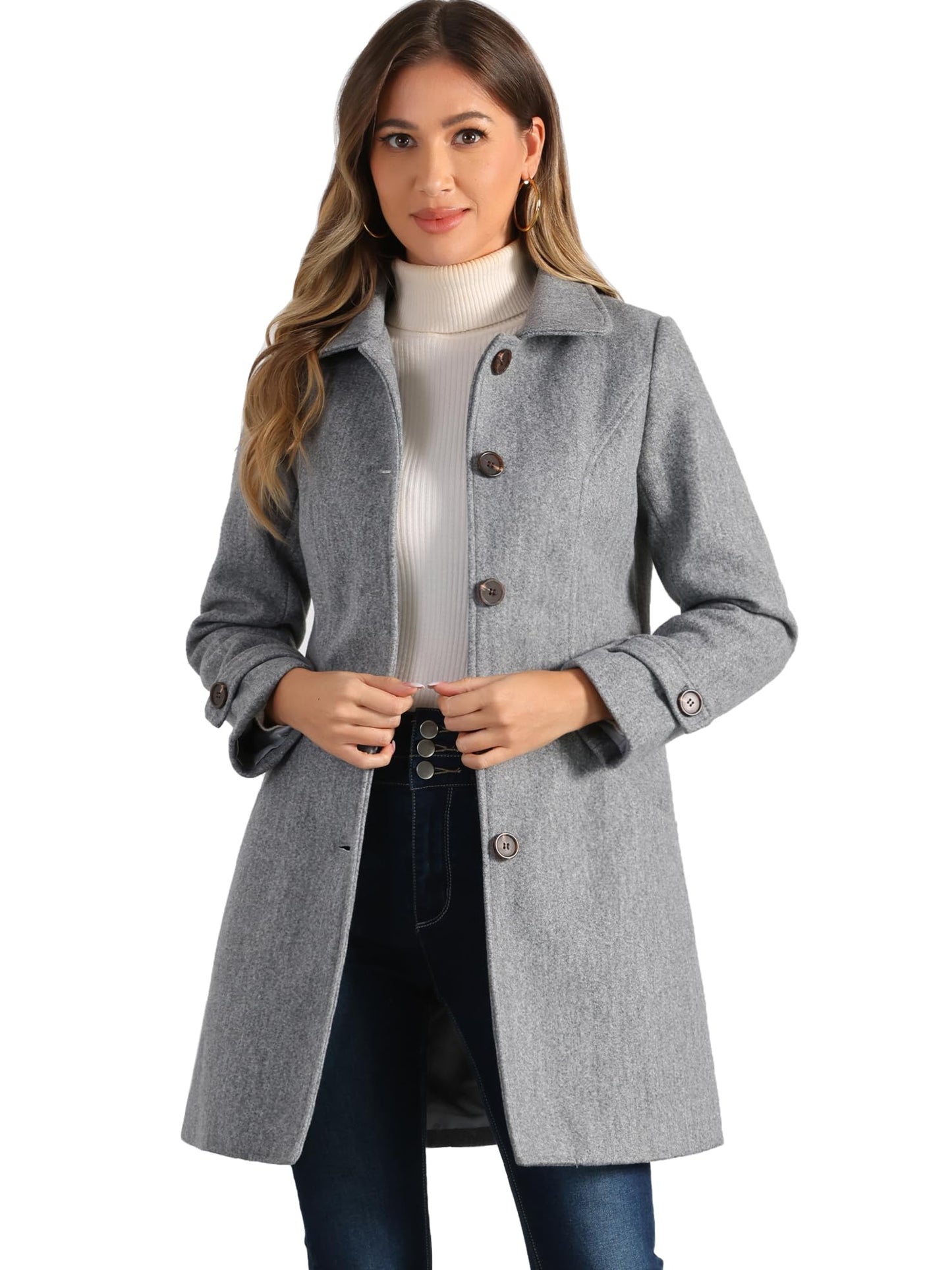 Allegra K Damen Winter Oberbekleidung Mantel Peter Pan Kragen Mitte Oberschenkel A-Linie Einreihig Pea Coat