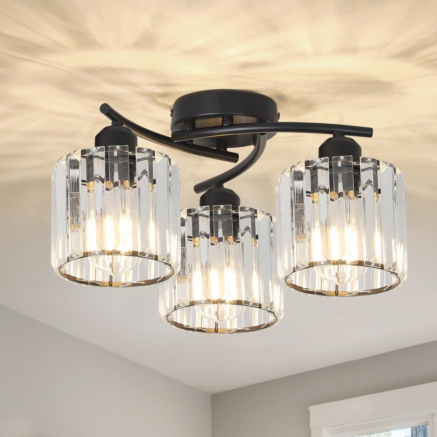 3-Light Crystal Semi Flush Mount Ceiling Light | Black Modern Fixture for Kitchen, Hallway & Bedroom