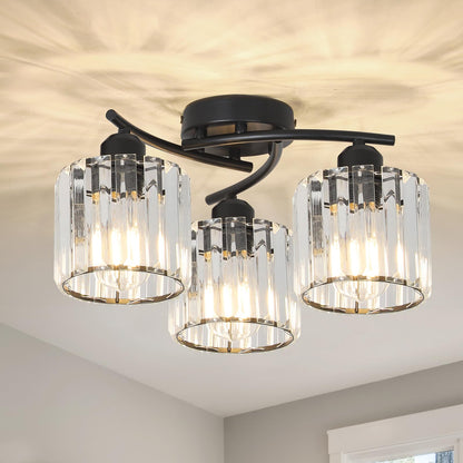 3-Light Crystal Semi Flush Mount Ceiling Light | Black Modern Fixture for Kitchen, Hallway & Bedroom