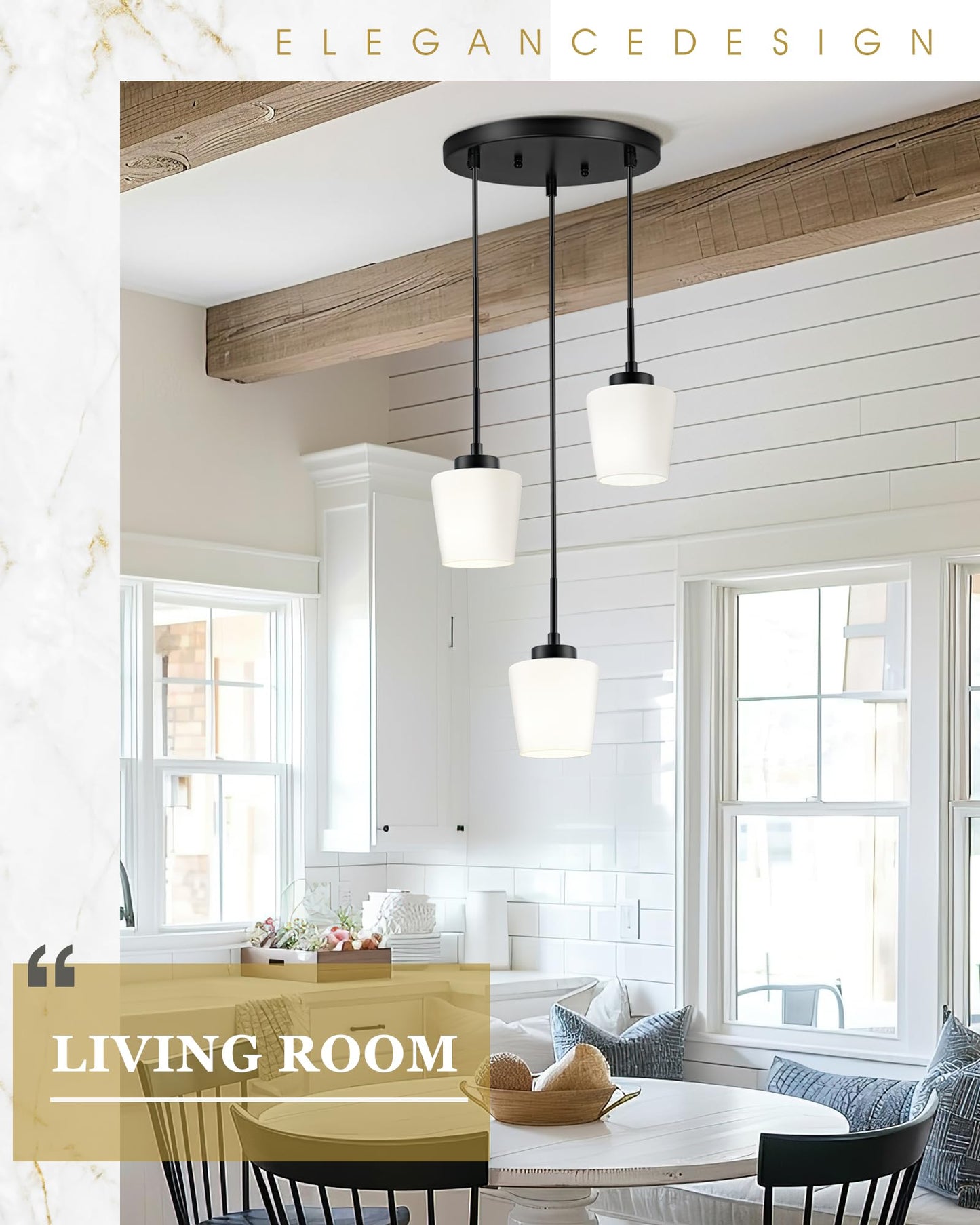 3-Light Pendant Light Fixtures, Brushed Gold Dining Room Light Fixture Over Table, Adjustable Kitchen Island Lighting with Milk White Glass, Farmhouse Hanging Light Fixture, AD-22004-3P-GD