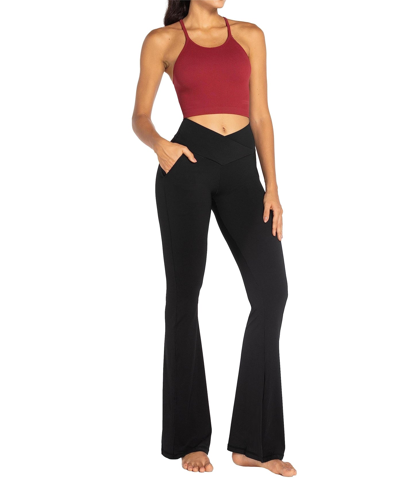 Sunzel Flare Leggings for Women with Pockets, Crossover Yoga Pants with Tummy Control, High Waisted and Wide Leg