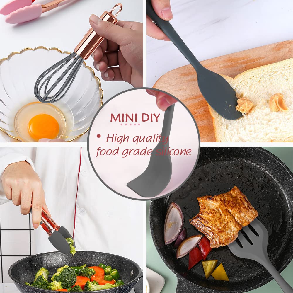 Mini ustensiles de cuisine en or rose et gris, ensemble de cinq petits outils de cuisine en silicone pour enfants, fouet, spatule, pince, cuillère et spatule à fentes pour la cuisine (fournitures de pâtisserie pour enfants) gris 