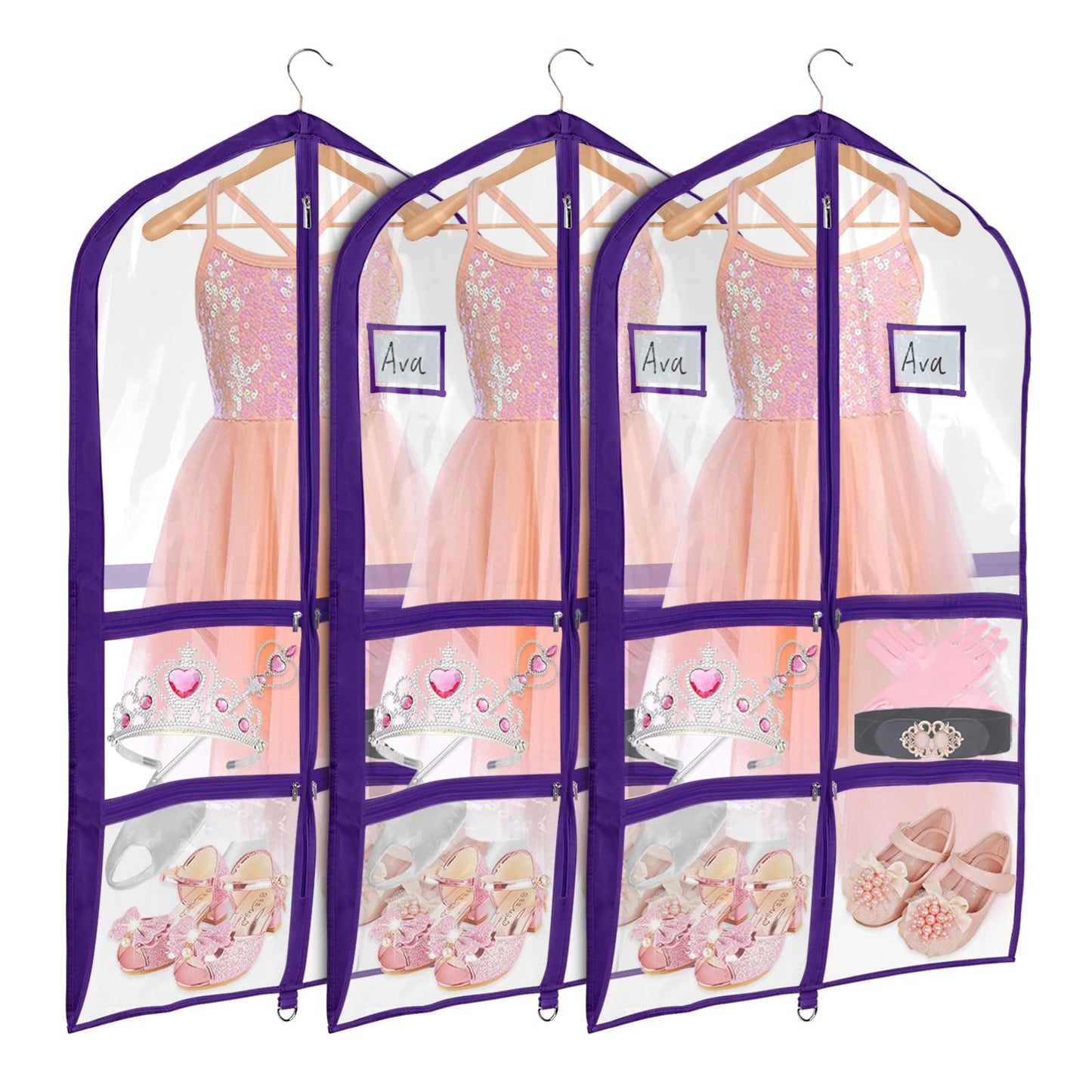 Univivi Clear PVC Dance Costume Bags (3 Pack) Garment Bag 40 Inch for Dance Competitions, with 4 Medium Clear Zipper Pockets and 1 Large Back Zippered Pocket [Upgraded Version]