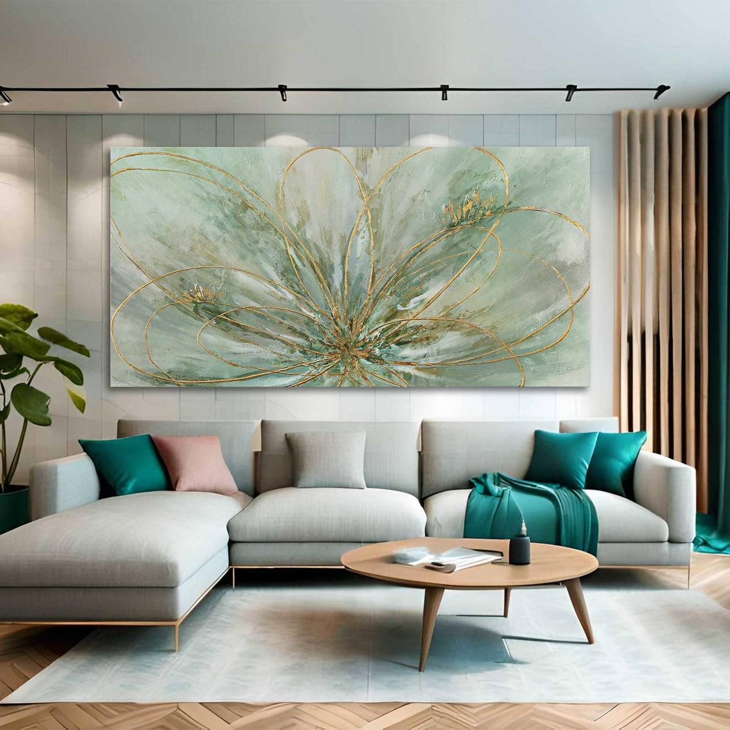 YJYart Abstrakte Wandkunst, Grün und Gold, handgemalt, Ölgemälde, Blüte, botanisch, großes Bild für Wohnzimmer, Schlafzimmer, Küche, Büro, 76,2 x 152,4 cm 