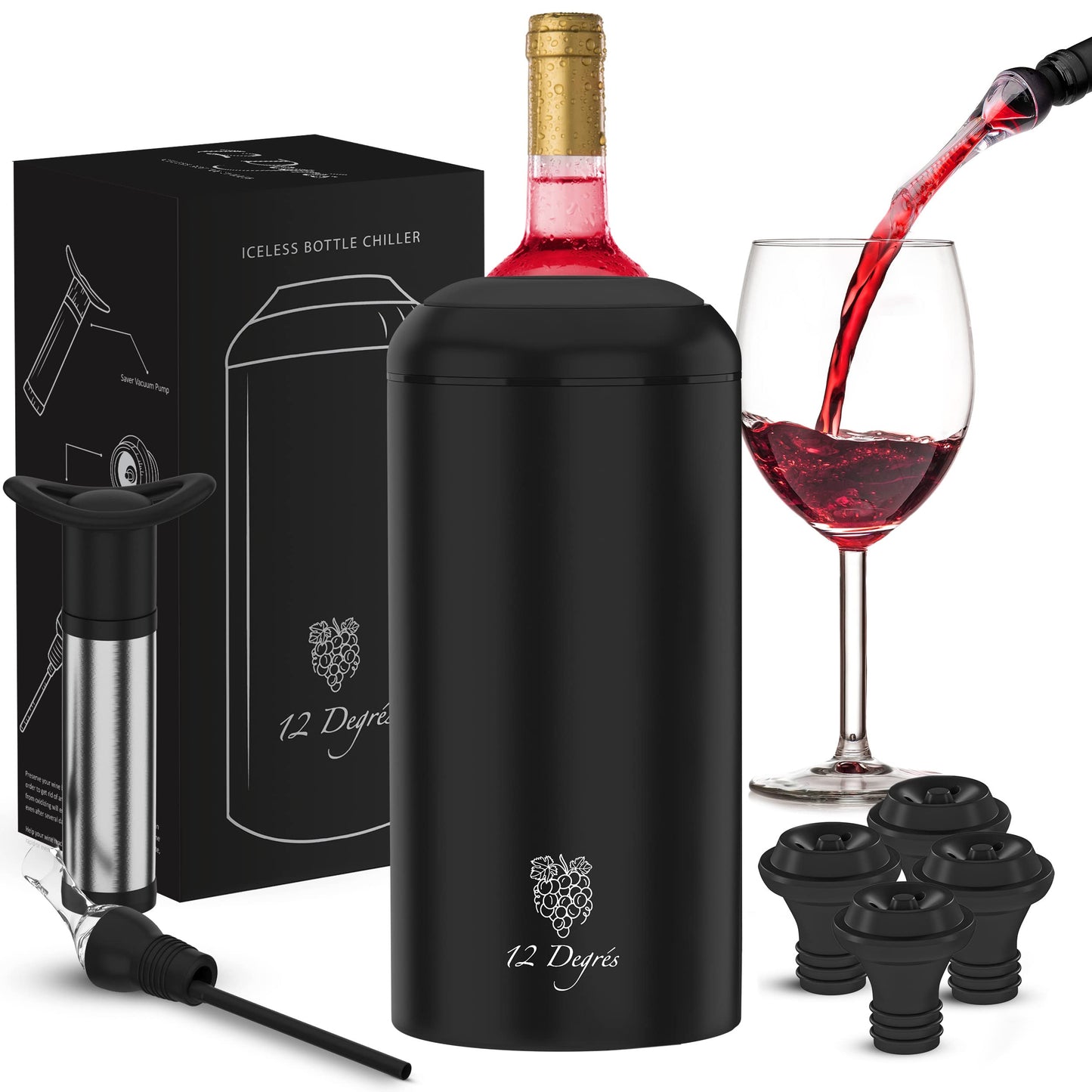 Wine Chiller Set - Perfect Wine Gifts for Women & Men - Stainless Steel Insulated Wine Cooler with Wine Pump, Aerator & 4 Stoppers (Black)