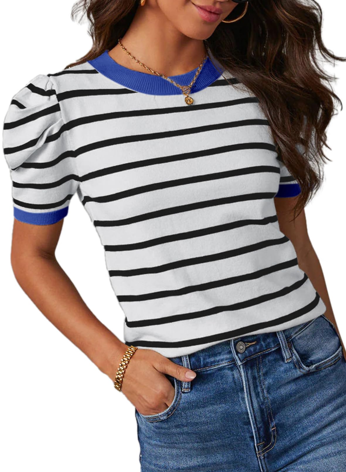 Dokotoo Women's Short Puff Sleeve Knit Tops 2025 Trendy Crewneck Striped T Shirts Casual Summer Blouses