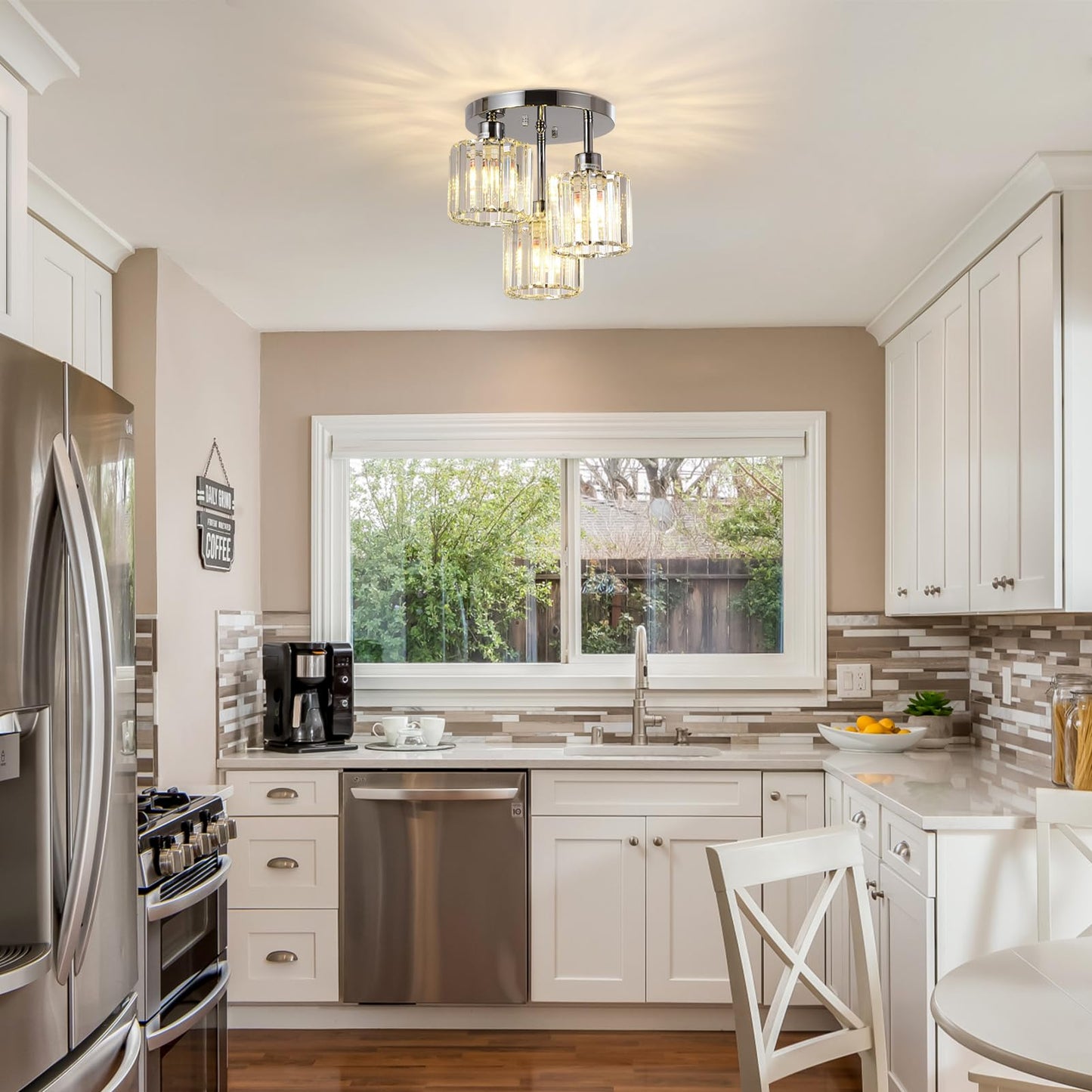 Crystal Semi Flush Ceiling Light – Modern Black Fixture, Clear Shade