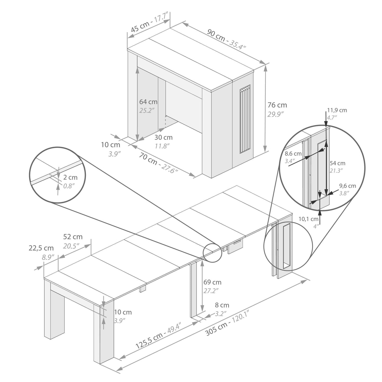 Mobili Fiver, Easy, Ausziehbarer Konsolentisch mit Halterung für Einlegeplatten, 45 (120,1) x 90,9 cm, Walnuss, für 4–12 Personen, platzsparender Esstisch, italienische Möbel 