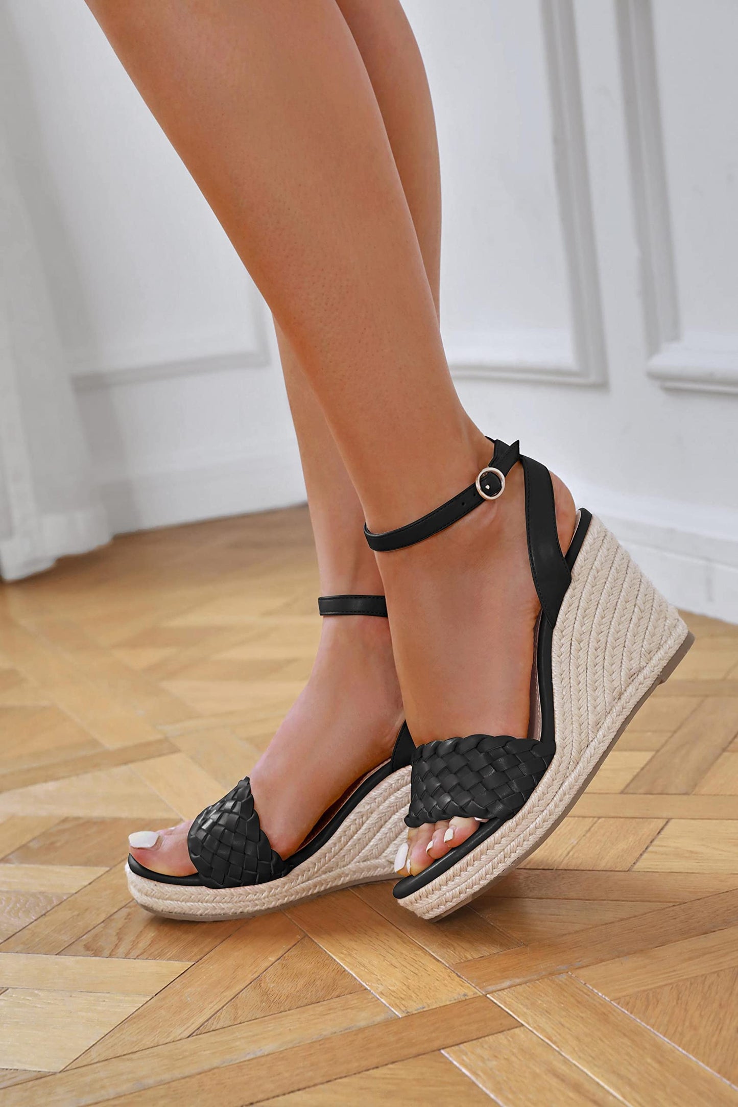 Coutgo Damen Plateau Keilsandalen Knöchelriemen Geflochtene Espadrille Schuhe