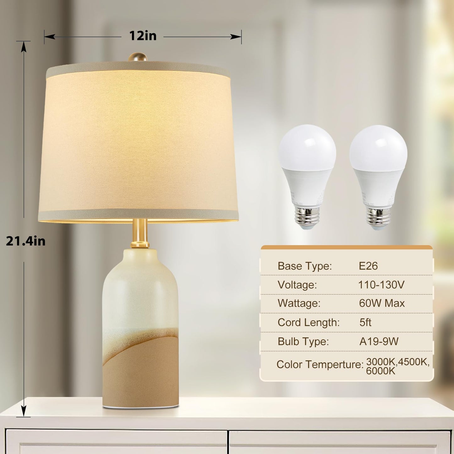 Luvkczc Moderne Keramiklampen für Schlafzimmer, 2er-Set, 3-Farbtemperatur-Tischlampe, Nachttischlampe, Schreibtisch-Leselampe mit Stoffschirm in Trommelform für Schlafzimmer, Wohnzimmer, 2 Glühbirnen enthalten (21,4 Zoll) 