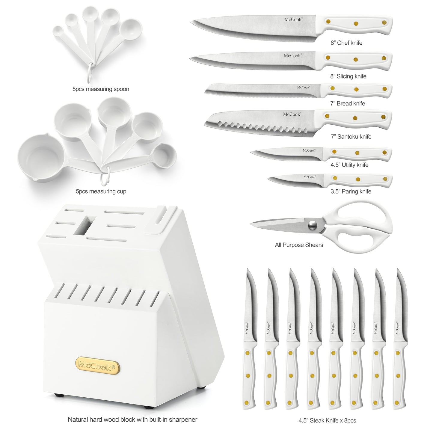 Ensemble de couteaux McCook®, ensemble de couteaux de cuisine en acier inoxydable Golden Titanium avec aiguiseur intégré 