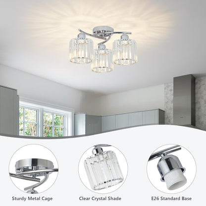 3-Light Crystal Semi Flush Mount Ceiling Light | Black Modern Fixture for Kitchen, Hallway & Bedroom