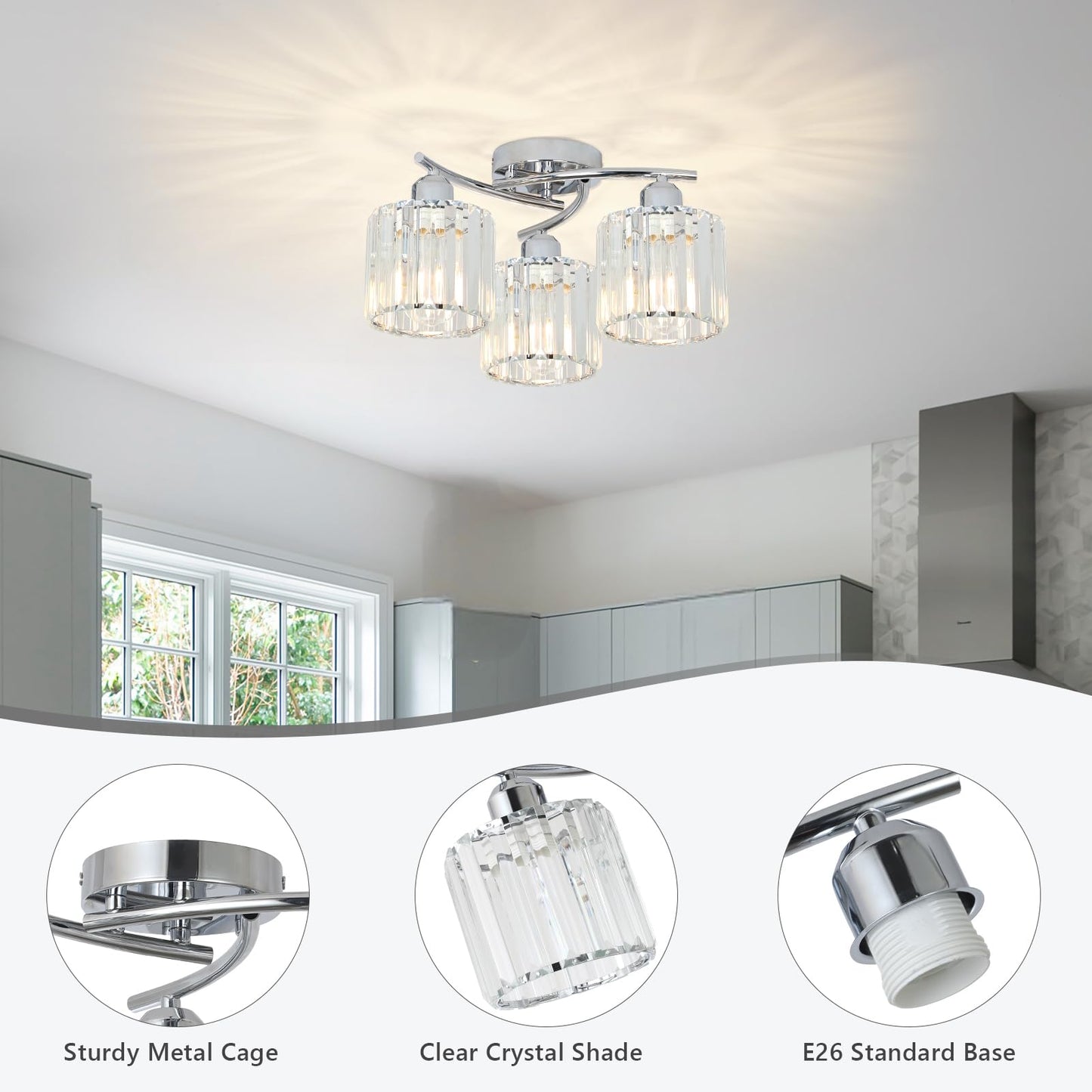 Crystal Semi Flush Ceiling Light – Modern Black Fixture, Clear Shade