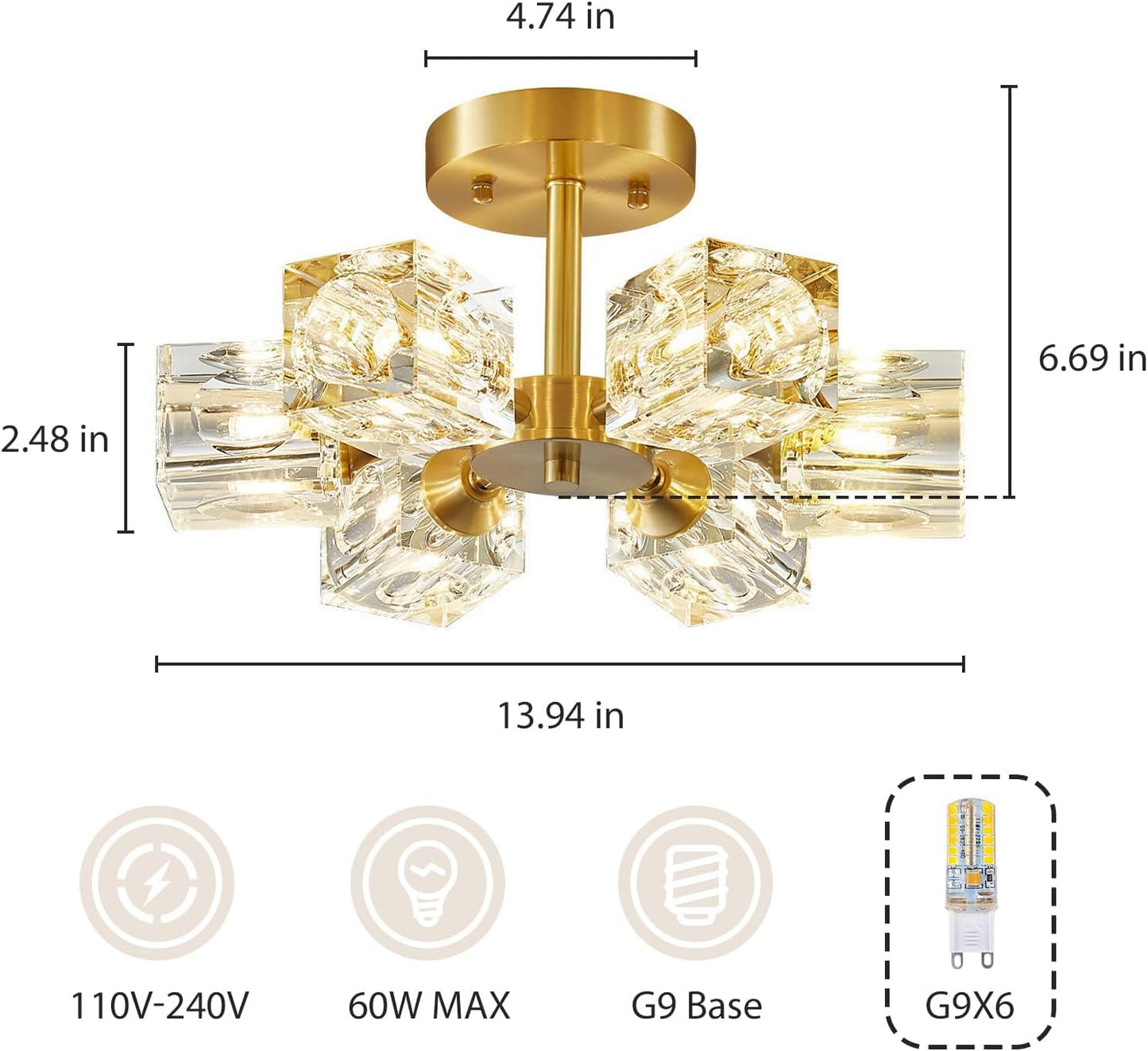 Yunnix Deckenleuchte 6 Lichter Kristall Kronleuchter Deckenleuchte Gold Deckenleuchte Moderne Kronleuchter Licht für Schlafzimmer Küche Flur Badezimmer Eingangsbereich Esszimmer 