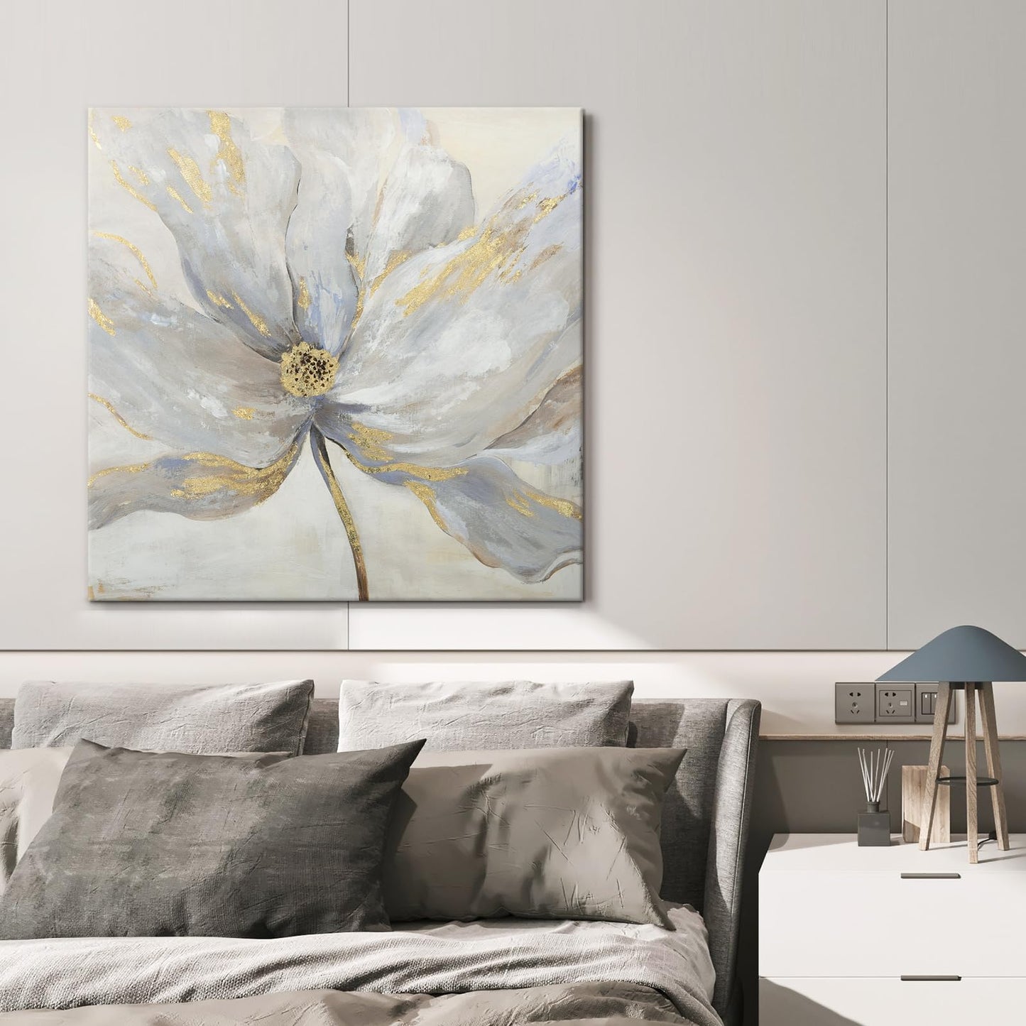 Goldfoilart Décoration murale florale moderne en fleurs blanches avec peintures en feuille d'or, œuvres d'art encadrées pour salon, chambre à coucher, cuisine, 61 x 61 cm x 2 pièces 