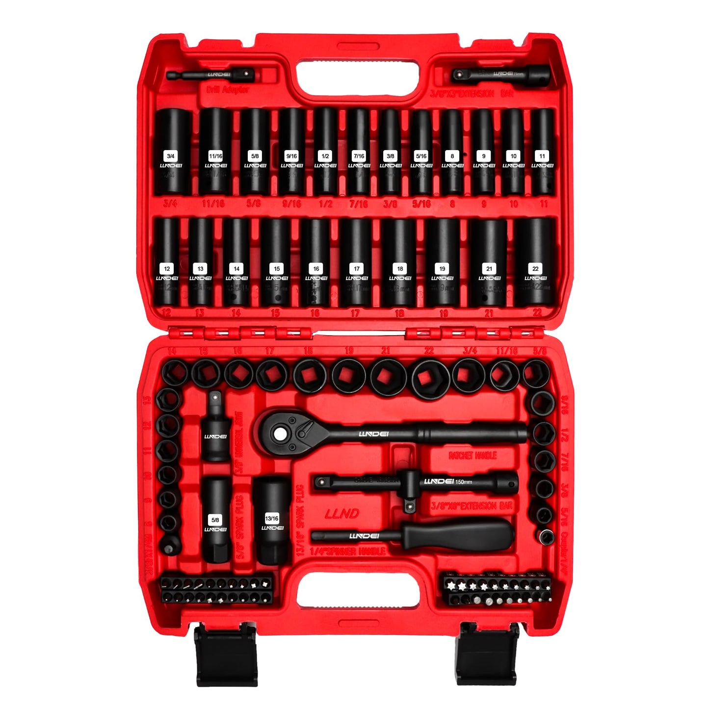 LLNDEI 1/4 & 3/8 Inch Drive Impact Socket Set, 186 Pieces Metric and Standard Full Sockets, CR-V Deep & Shallow Sockets Tool Set with Ratchet Wrench Handle, Spark Plug Socket, Bit Set for Mechanic