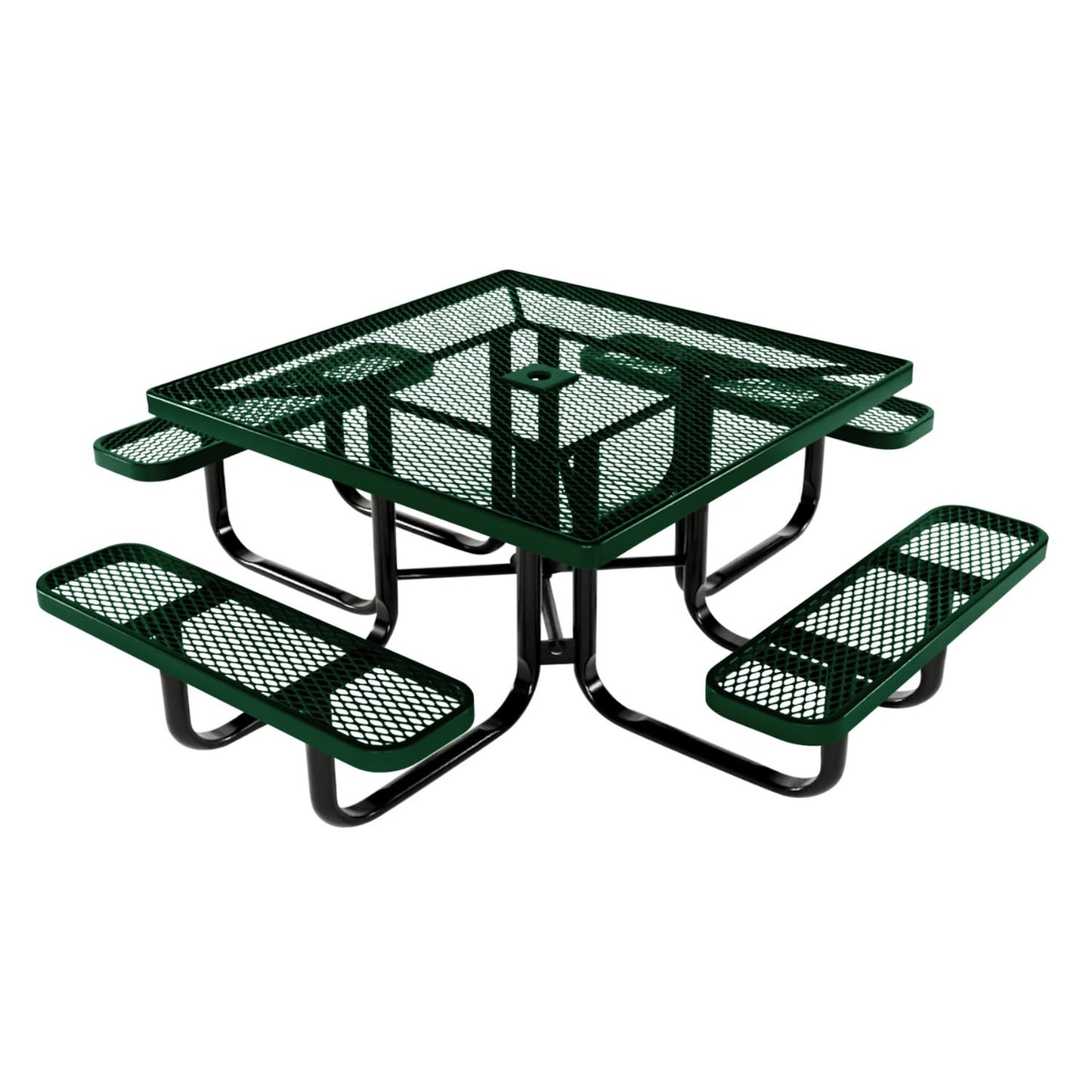 Coated Outdoor Furniture Heavy-Duty Portable Outdoor Picnic Table with Umbrella Hole, Expanded Metal Commercial-Grade Patio Dining Furniture Made in America (46" Square Top, Green)