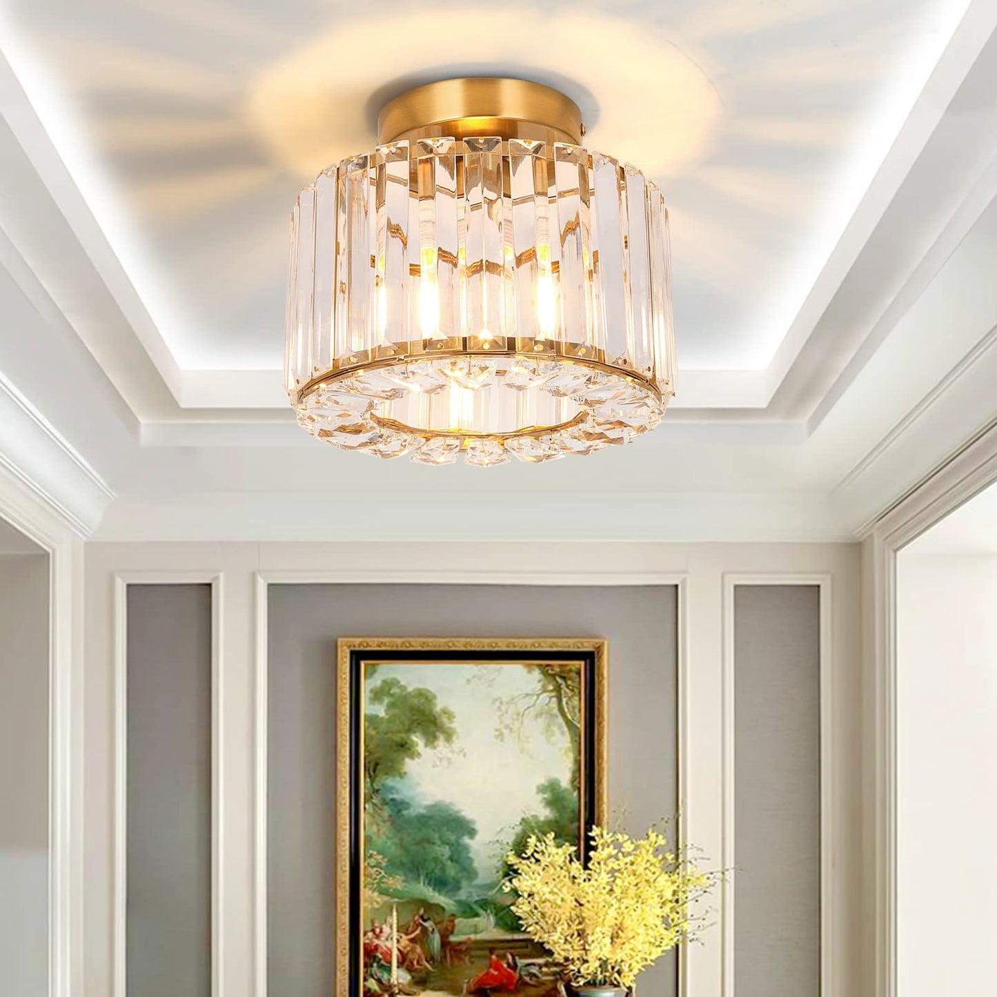 Crystal Ceiling Light Modern Semi Flush Mounted Ceiling Light Fixture Brass Ceiling Chandelier Hallway Light Ceiling Light for Dinning Room,Foyer Living Room Bedroom,Entryway Gold