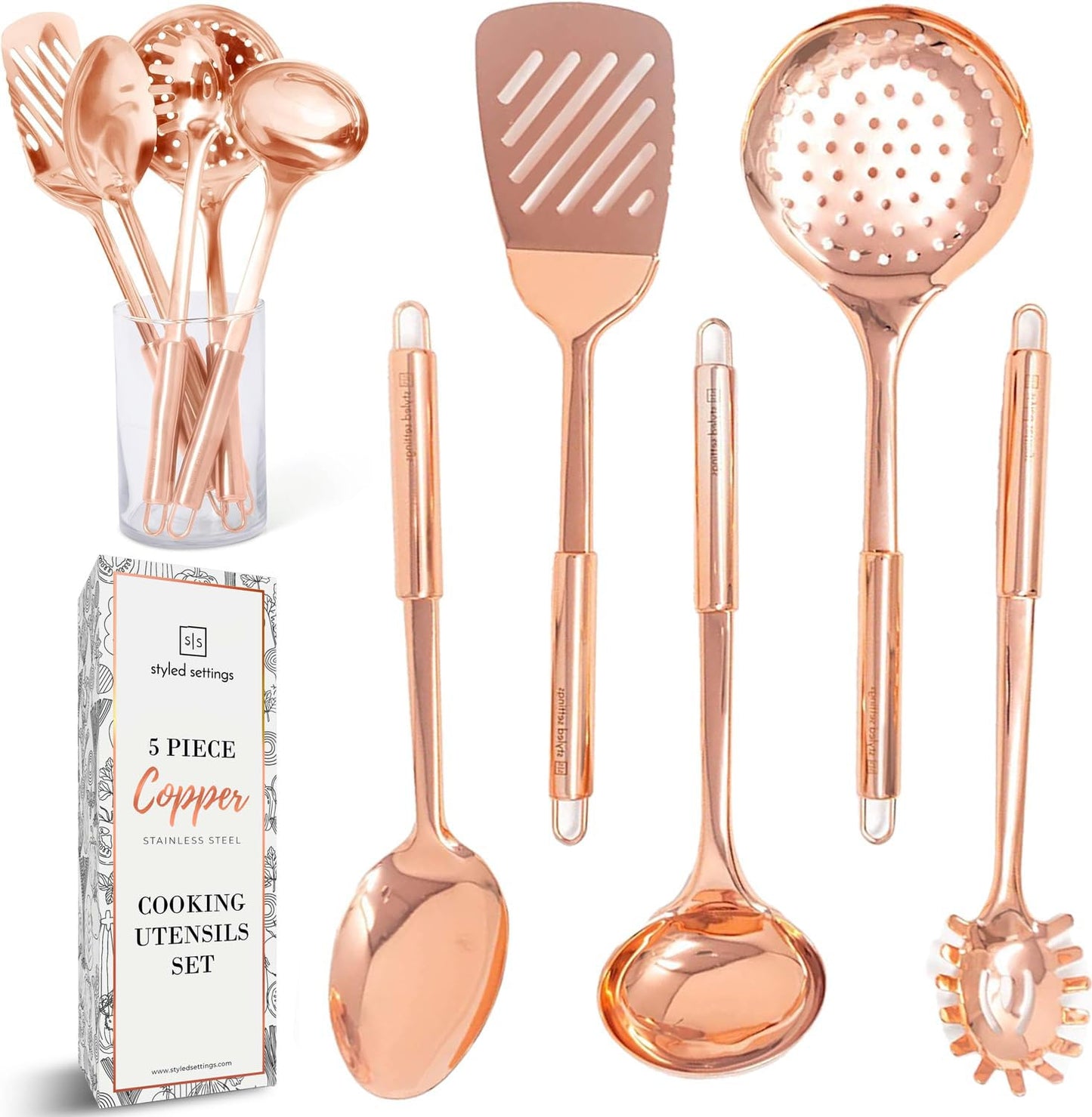 Copper Cooking Utensils for Cooking/Serving, Rose Gold Kitchen Utensils -Stainless Steel Copper Serving Utensils Set 5 PCS-Copper Ladle, Serving Spoon, Pasta Serving Fork, Spatula, Kitchen Skimmer