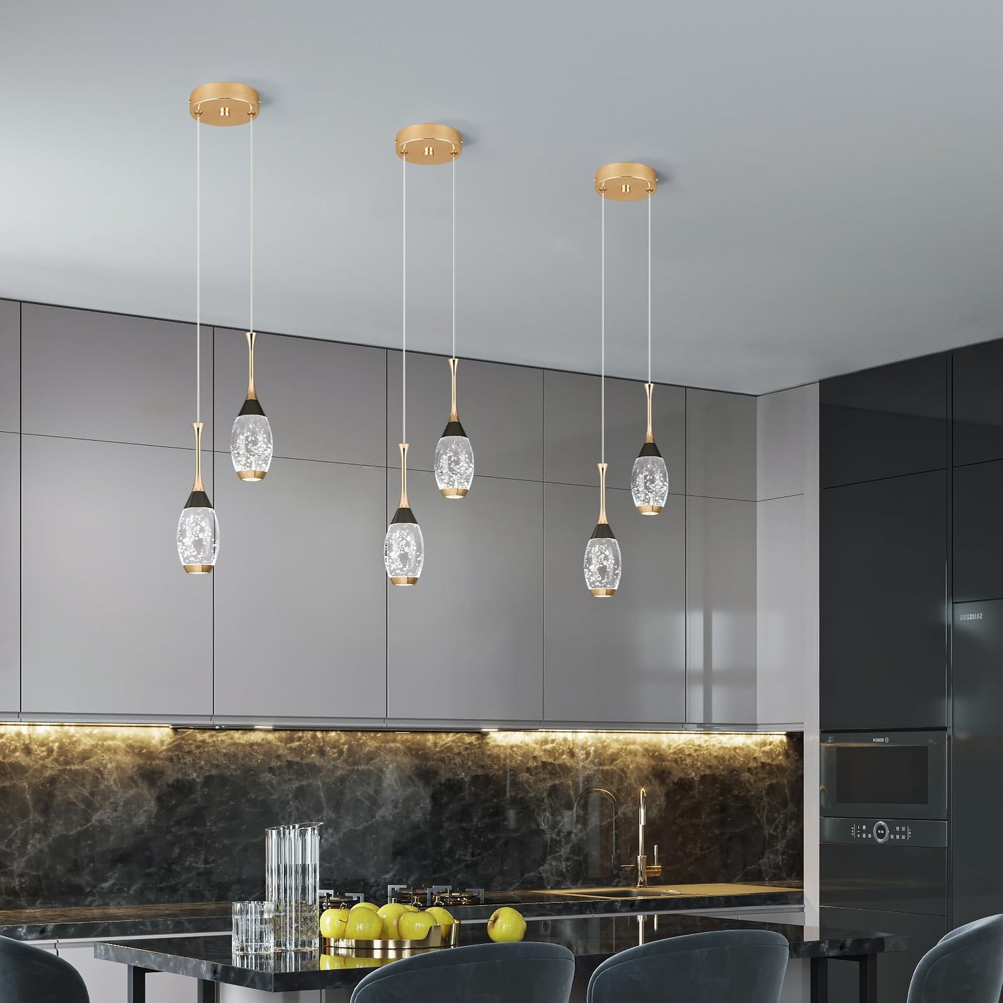 Moderne Pendelleuchte in Schwarzgold, dimmbare LED-Deckenleuchte, Mini-Pendelleuchte in Tropfenform aus Kristall für Kücheninsel, Schlafzimmer, Flur, Eingangsbereich (3er-Pack) 