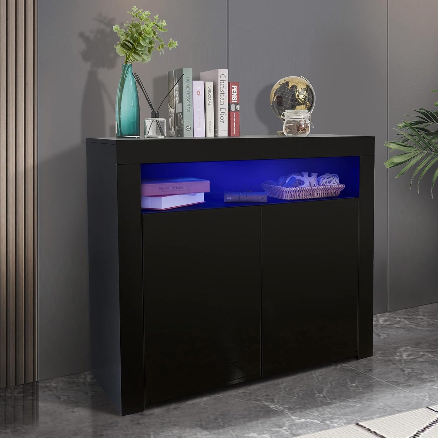 Sideboard, Vitrine mit LED-Licht, modern, schwarz, Hochglanz, Küchenaufbewahrungsschrank, Buffetschrank, Holz, Küchenzeile, Schrank, Buffetvitrine, TV-Ständer mit 2 Türen für Flur, Esszimmer 