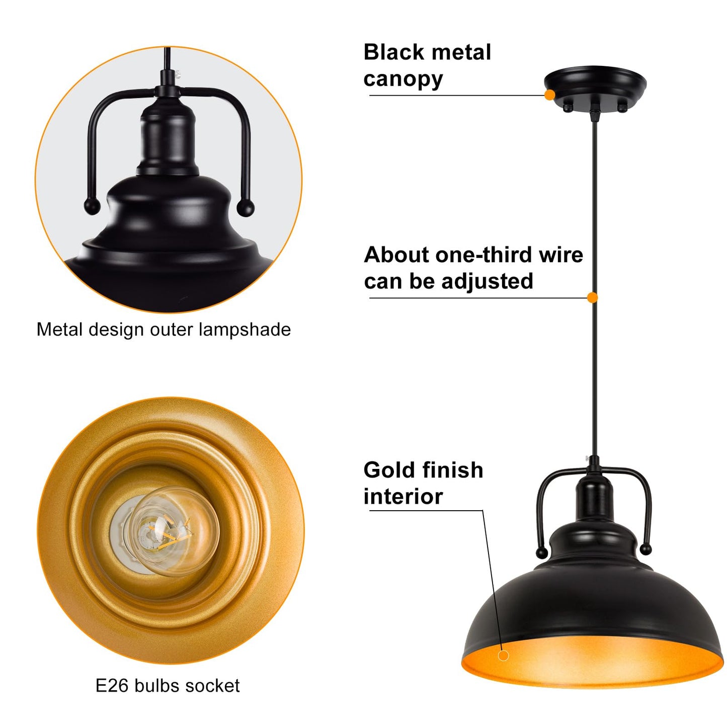 DLLT Gold Pendant Ceiling Lights Fixtures, Classic Pendant Lamp, E26 Industrial Metal Hanging Pendant Led Lighting for Kitchen, Bedroom, Dining Room, Hallway, Loft, Restaurant, Bar, Entryway