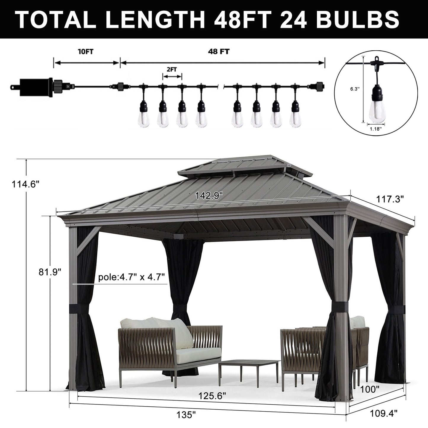 PURPLE LEAF 14' x 20' Patio Hardtop Gazebo with Light Metal Roof Heavy Duty Wind Resistance Outdoor Permanent Large Pavilion Gazebo for Patio Deck and Garden, Netting and Curtains Included, Light Grey