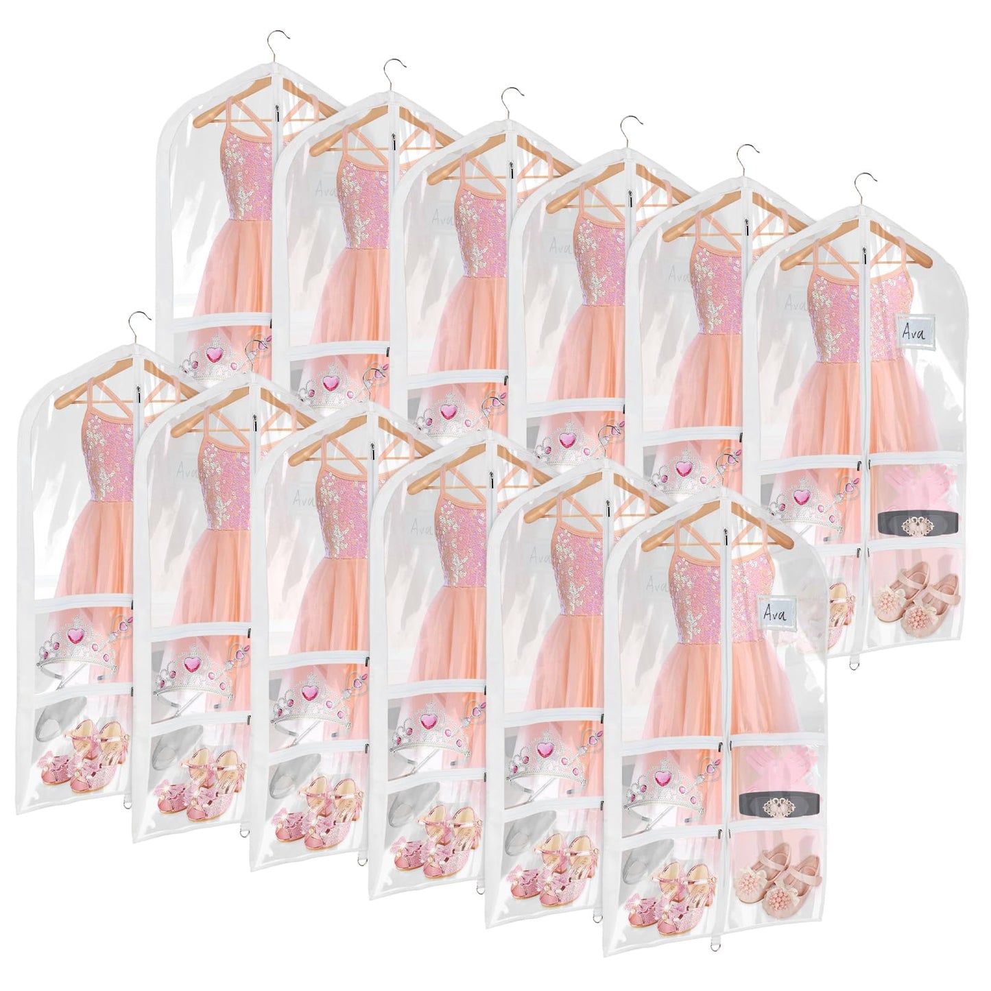 Univivi Clear PVC Dance Costume Bags (3 Pack) Garment Bag 40 Inch for Dance Competitions, with 4 Medium Clear Zipper Pockets and 1 Large Back Zippered Pocket [Upgraded Version]