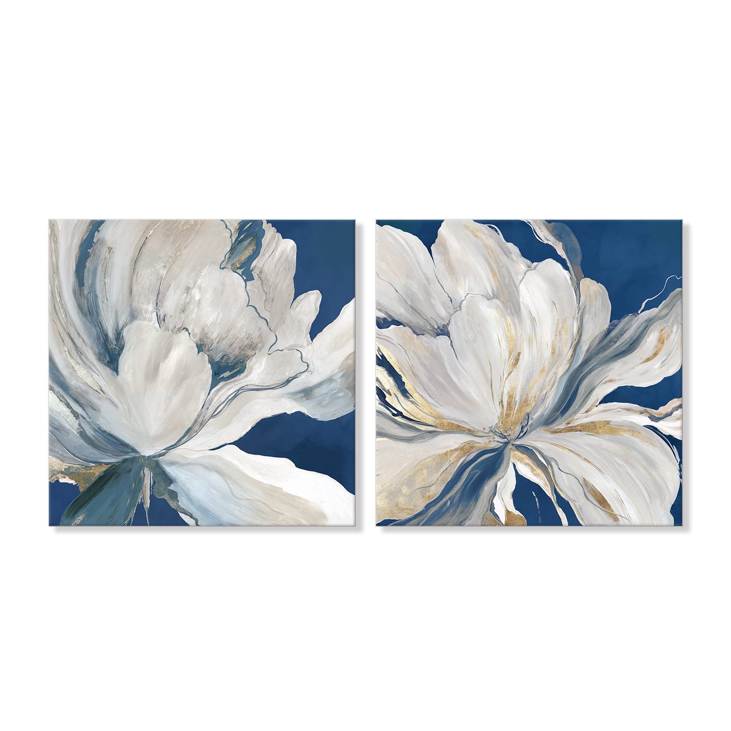 Goldfoilart Décoration murale florale moderne en fleurs blanches avec peintures en feuille d'or, œuvres d'art encadrées pour salon, chambre à coucher, cuisine, 61 x 61 cm x 2 pièces 