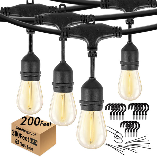 Guirlande lumineuse d'extérieur à LED de 200 pieds, éclairage d'extérieur étanche avec 63 ampoules Edison incassables, guirlande lumineuse d'extérieur 2200 K pour patio, gazebo, pergola, café 