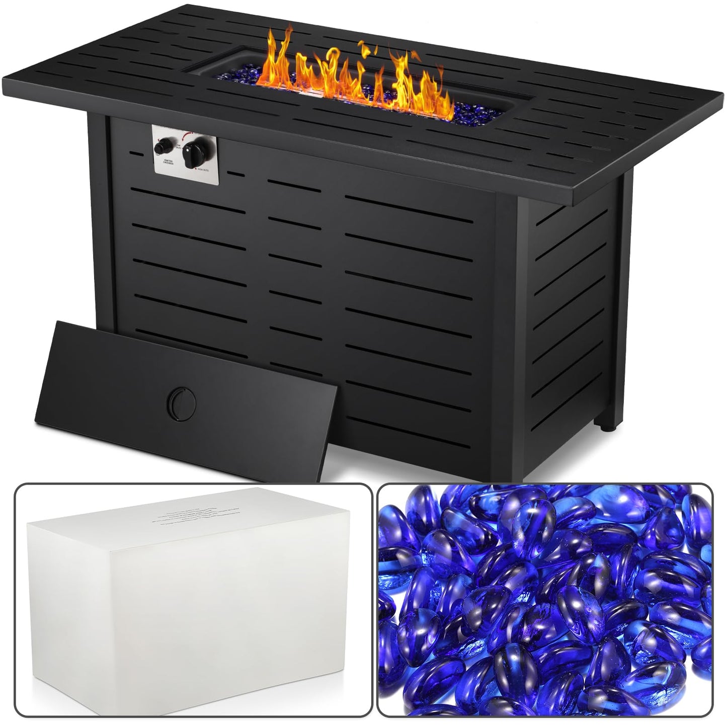 Xbeauty Fire Pit Propane Gas FirePit Table 43" Outdoor Fire Pit Rectangular Tabletop with Lid, Rain Cover, for Outside Garden Backyard Deck Patio