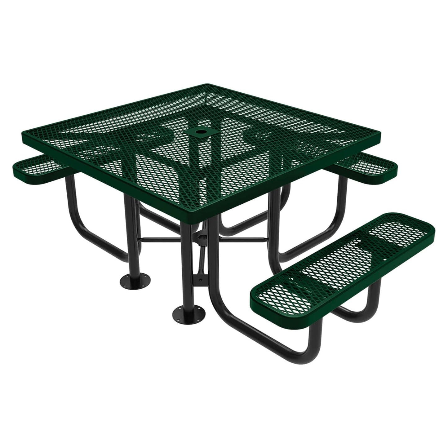 Coated Outdoor Furniture Heavy-Duty Portable Outdoor Picnic Table with Umbrella Hole, Expanded Metal Commercial-Grade Patio Dining Furniture Made in America (46" Square Top, Green)