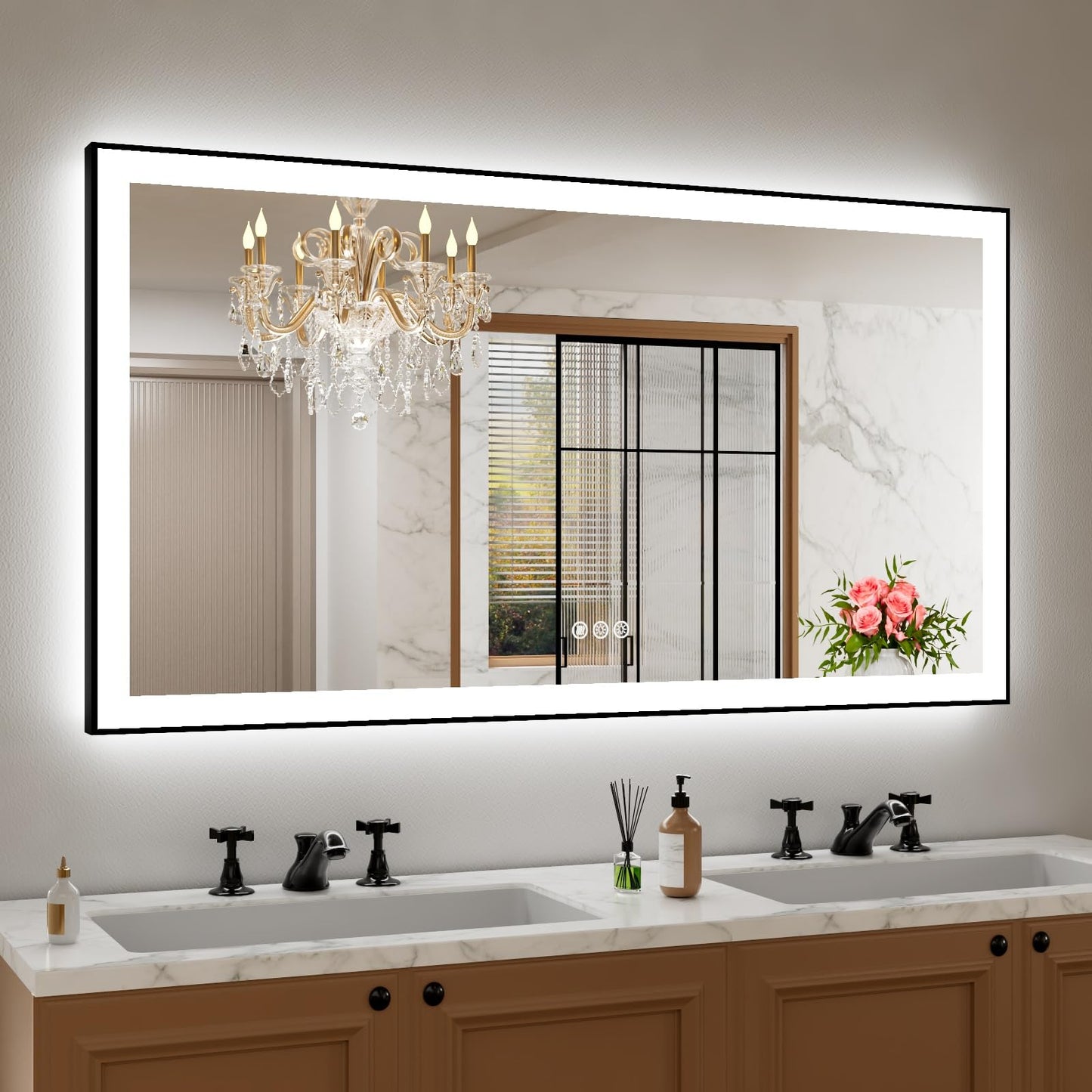 Amorho 20"x 28" LED Bathroom Mirror with Black Frame, Front Light and Backlit(Controlled Separately), Stepless Dimmable, Anti-Fog, Shatter-Proof, 3 Colors, Memory