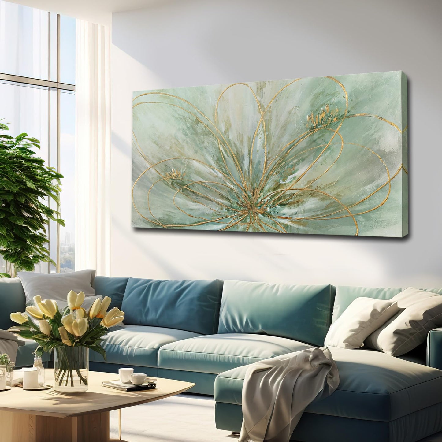 YJYart Abstrakte Wandkunst, Grün und Gold, handgemalt, Ölgemälde, Blüte, botanisch, großes Bild für Wohnzimmer, Schlafzimmer, Küche, Büro, 76,2 x 152,4 cm 