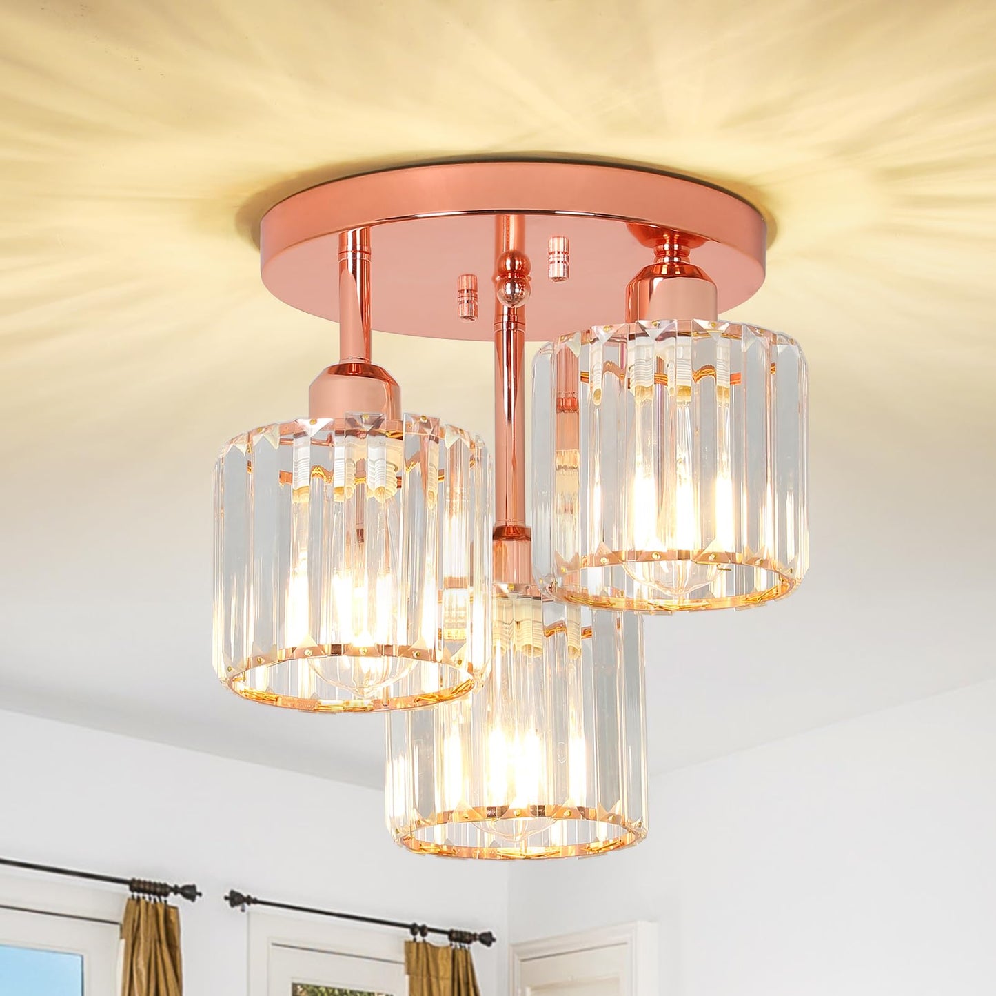 3-Light Crystal Semi Flush Mount Ceiling Light | Black Modern Fixture for Kitchen, Hallway & Bedroom