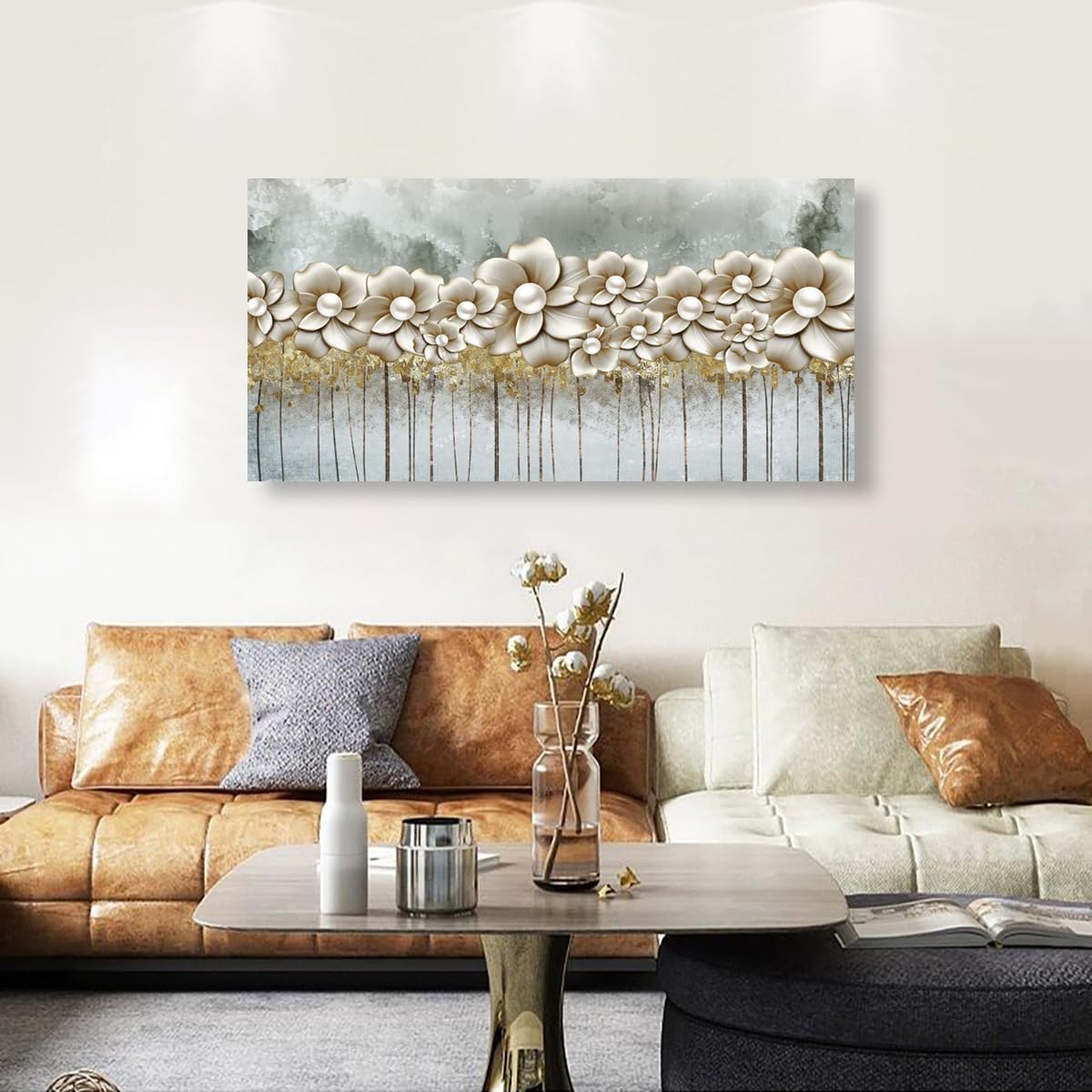 Golden Lotus Pictures Canvas Wall Art for Living room Office Bedroom Wall Decor,Flowers Wall Art Print Paintings Modern Abstract Oil Painting Artwork Waterproof Ready to Hang-20x40inch