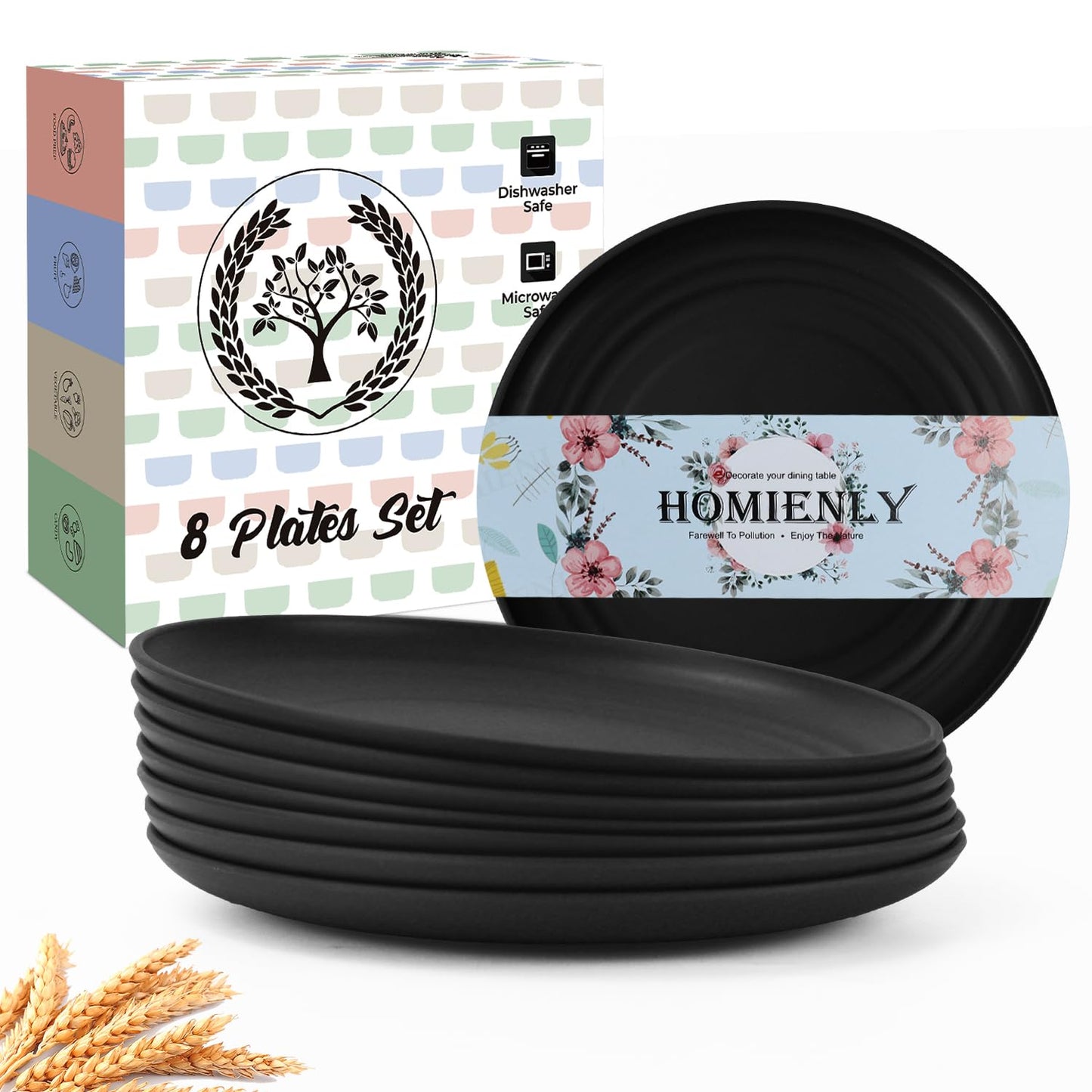 Homienly Wheat Straw Dinner Plates – Unbreakable set of 8