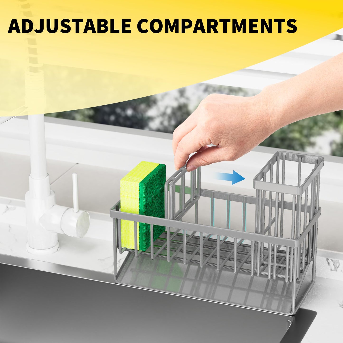 Kitchen Sink Caddy Organzier with High Brush Holder, Sponge Holder for Sink, 304 Rustproof Stainless, Kitchen Countertop Soap Dispenser Organizer, Kitchen Decor and Accessories