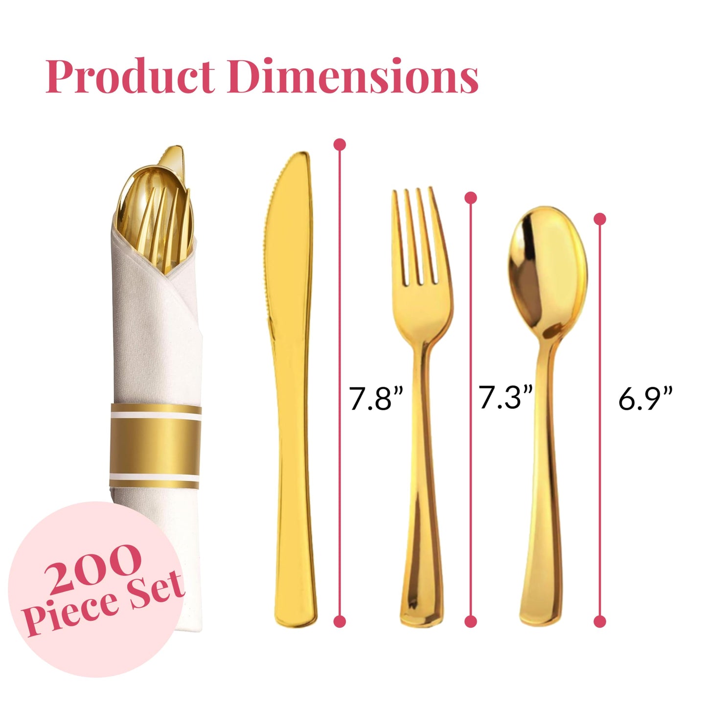 Prestee 50 Pre Rolled Gold Plastic Silverware Set Disposable, 200 Piece Gold Silverware Disposable and Reusable, Cutlery Set with Forks, Knives, Spoons, and Napkins for Weddings and Parties