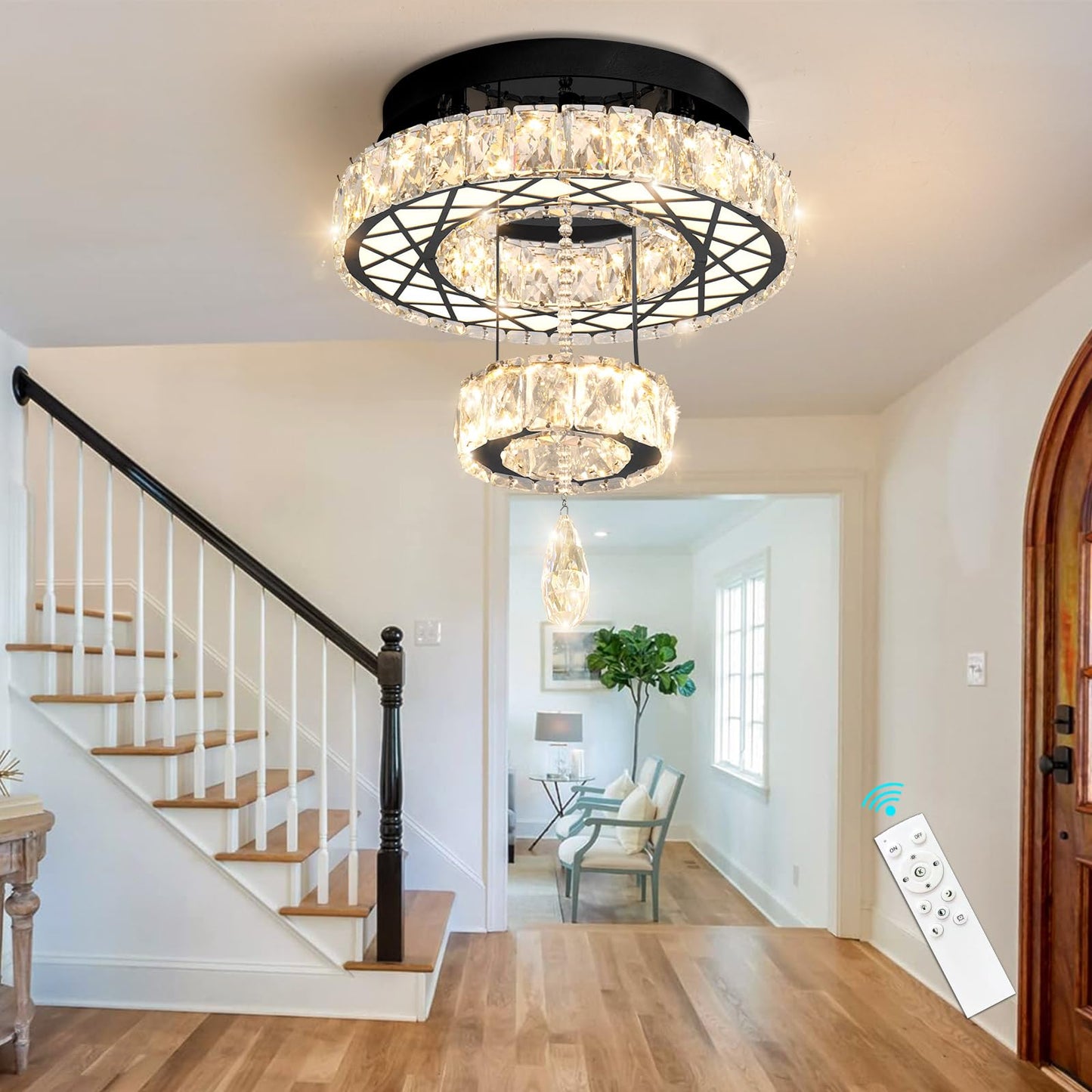 Modern Flush Ceiling Chandelier Bedroom Light Fixtures Crystal Flat Sloping Ceiling Lights for Hallway Kitchen Dining Room Dimmable Light with Remote Gold