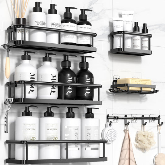 YASONIC Shower Caddy 6 Pack Rustproof shower Organizer, Large Capacity Shower Shelves for inside shower, Bathroom Organizers and Storage with Soap Holder and 12 Hooks, Adhesive Shower storage, Black