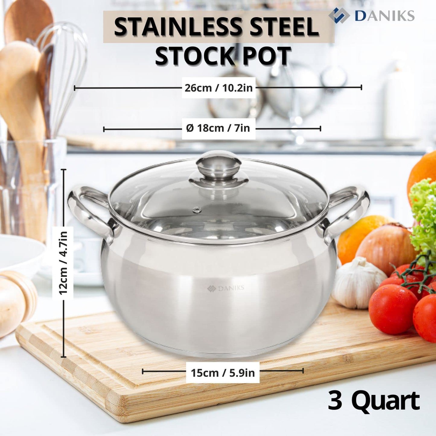 Daniks Classic Stainless Steel Kitchen Induction Pot Cookware Set | 12-Piece | Dishwasher Safe Pots with Lid | Saucepan + Frying Pan + Pots | Measuring Scale | Silver