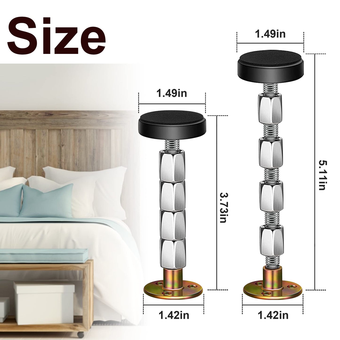 Krisler Adjustable Threaded Bed Frame Anti-Shake Tool, Headboard Stoppers, Bedside Anti Shake Tool for Beds Cabinets Sofas, 4PCS(27-114mm)