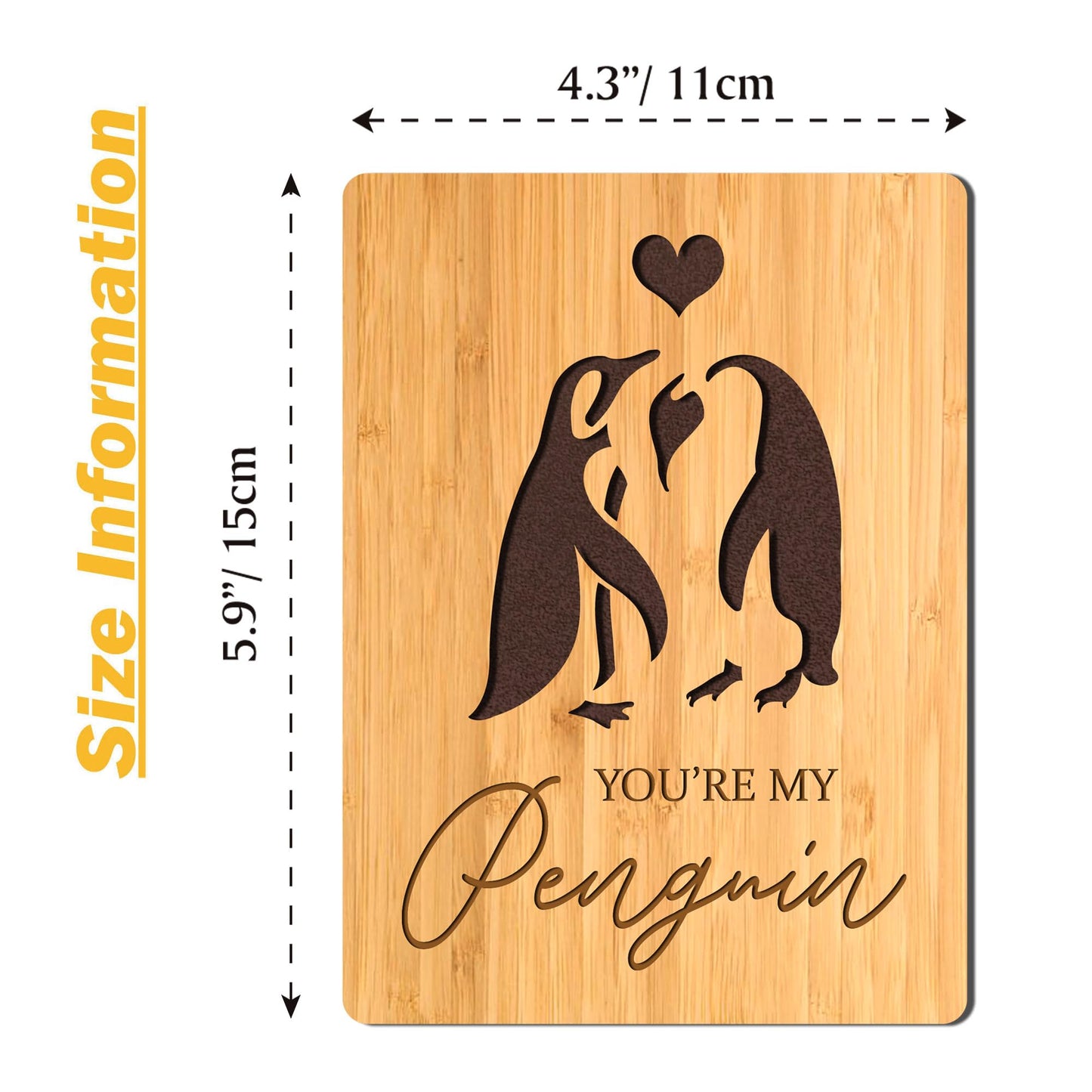 Handgefertigte Grußkarten aus Bambus aus Holz mit Pinguin. Liebe für Ehefrau, Ehemann, Freundin, Sie, Ihn, Jahrestag, Geburtstag, Hochzeit, nachhaltige Nutzung 